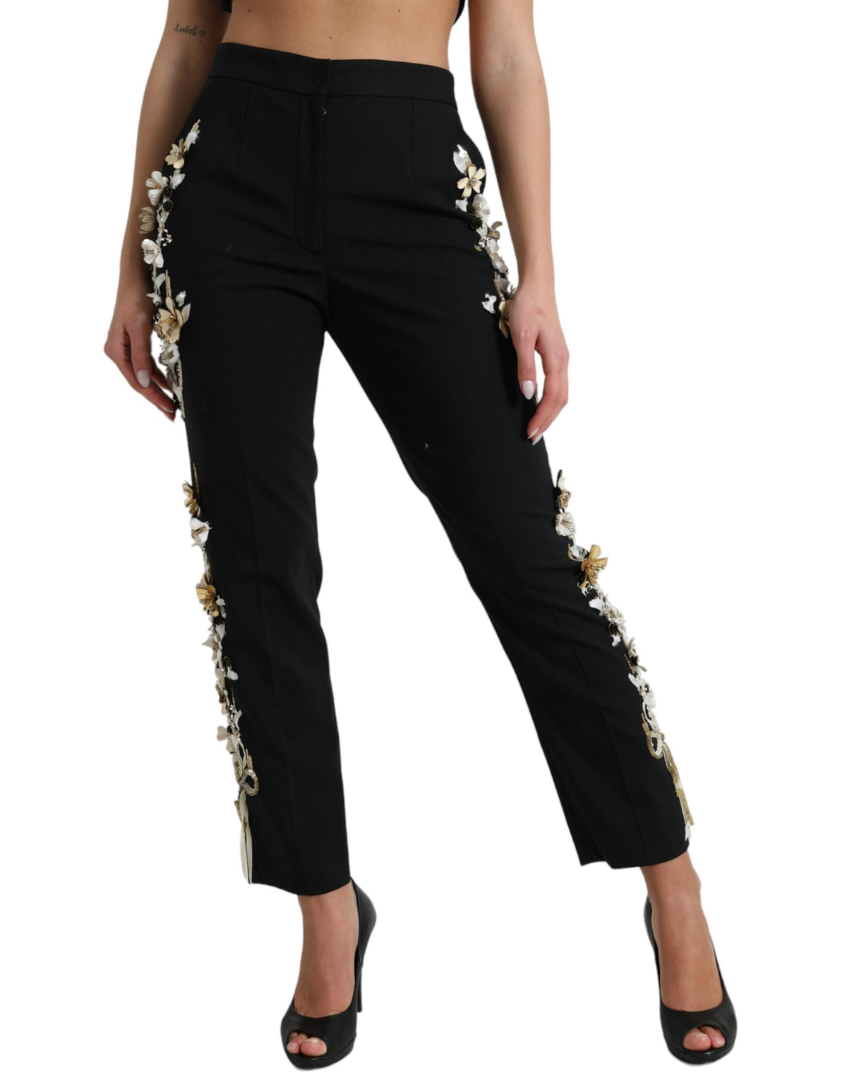 Dolce & Gabbana Black Floral Applique High Waist Tapered Women's Pants