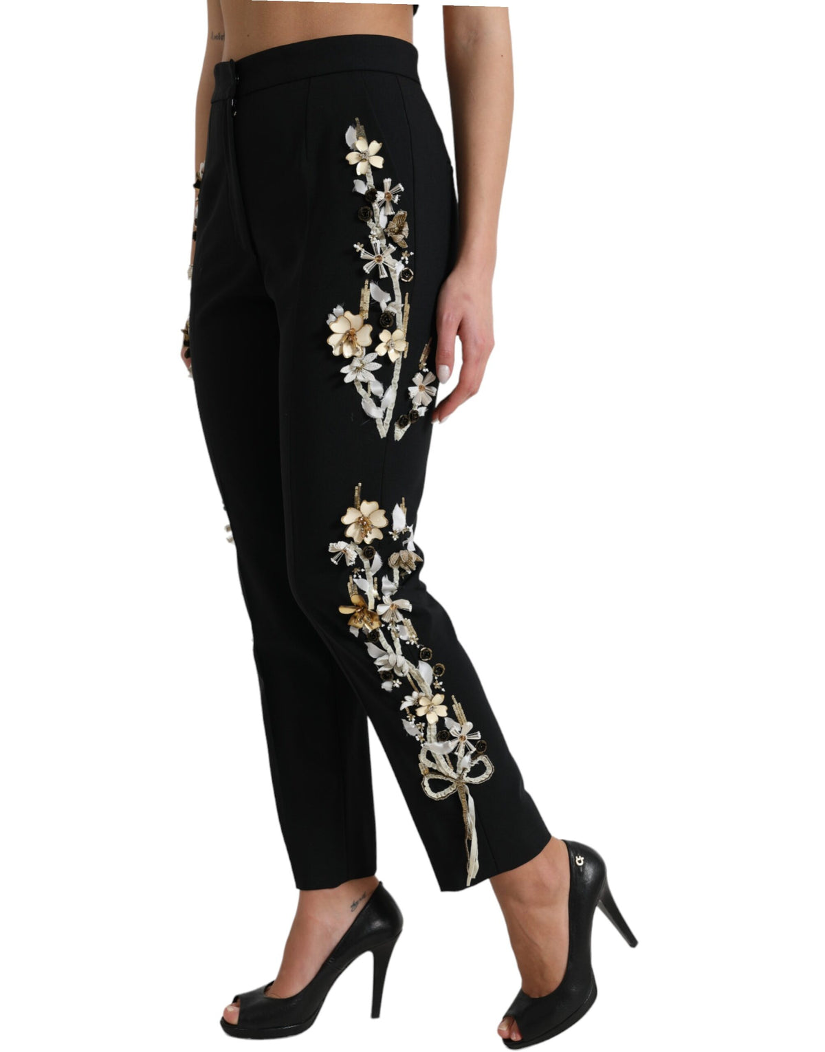 Dolce & Gabbana Black Floral Applique High Waist Tapered Women's Pants