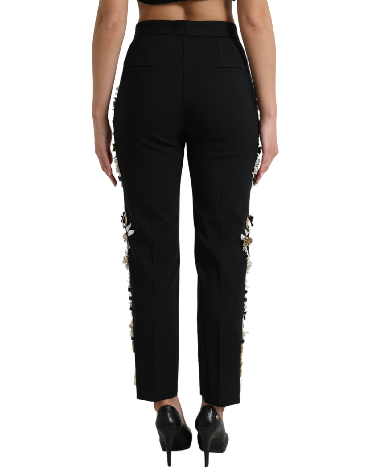Dolce & Gabbana Black Floral Applique High Waist Tapered Women's Pants
