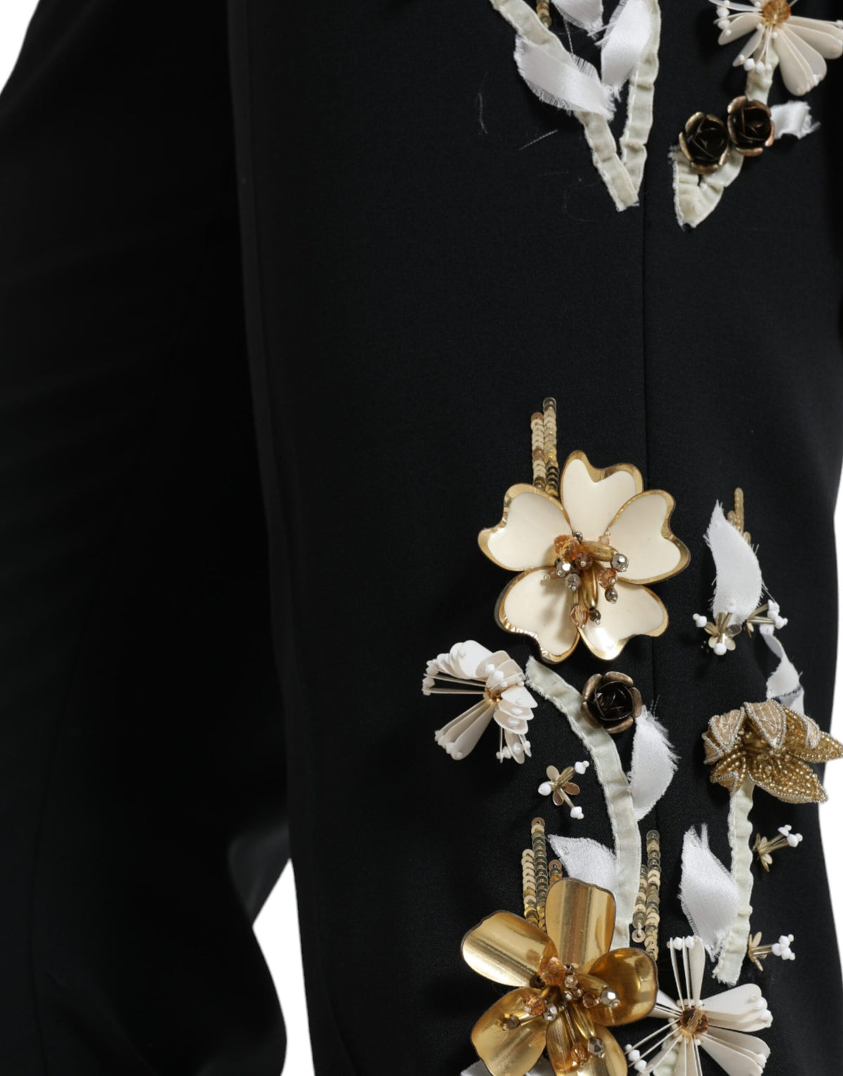 Dolce & Gabbana Black Floral Applique High Waist Tapered Women's Pants