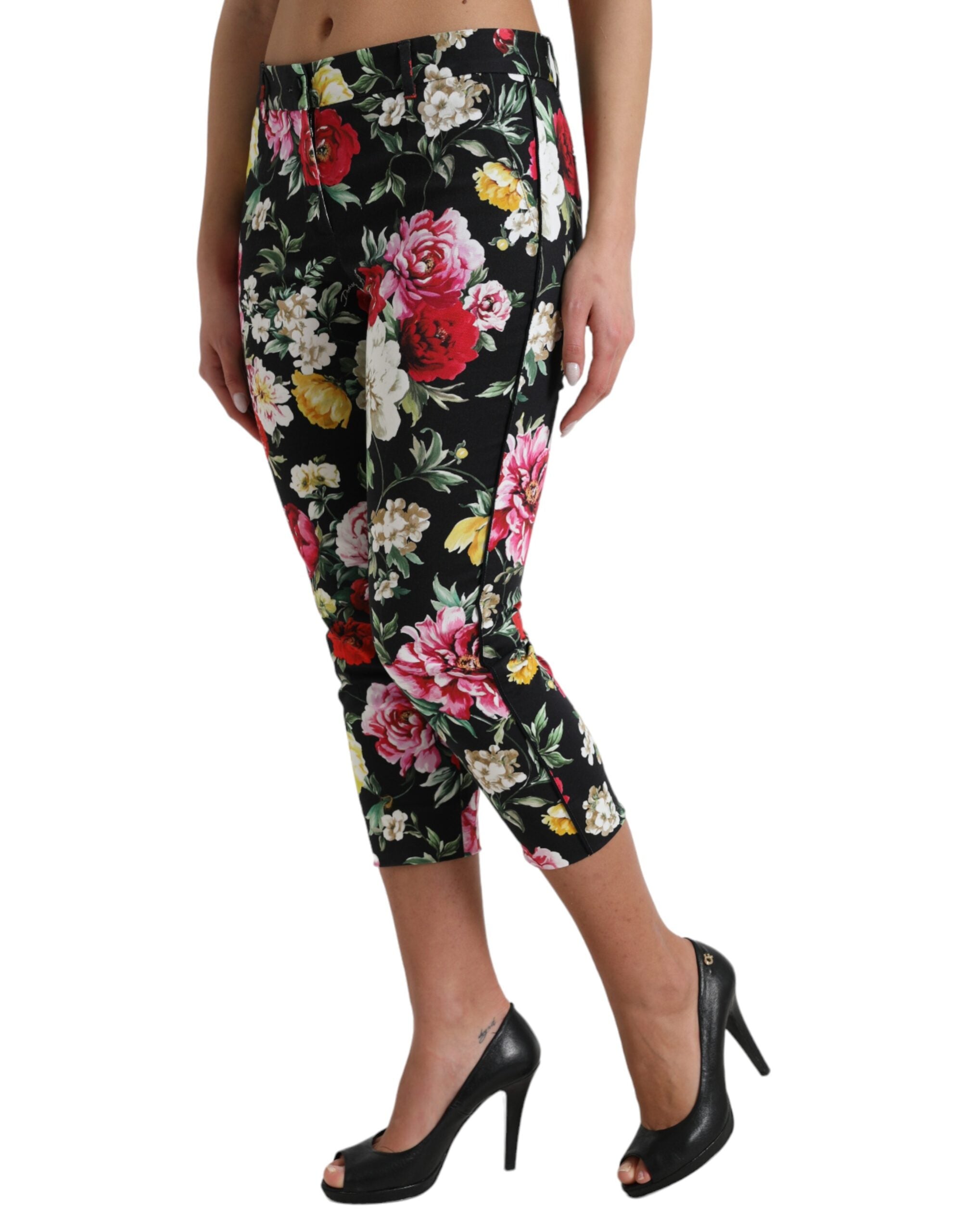 Dolce & Gabbana Black Floral Print Mid Waist Cropped Women's Pants