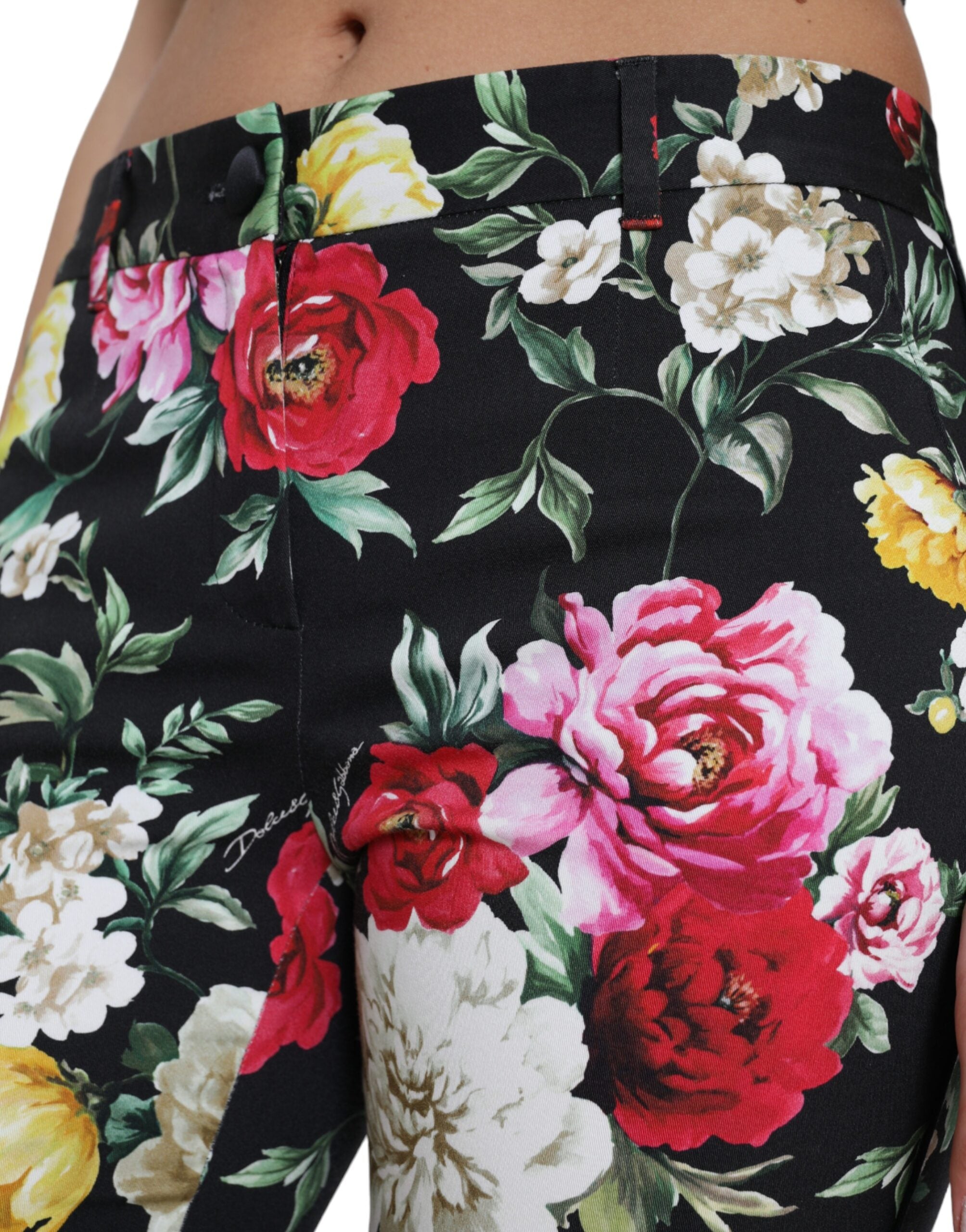 Dolce & Gabbana Black Floral Print Mid Waist Cropped Women's Pants