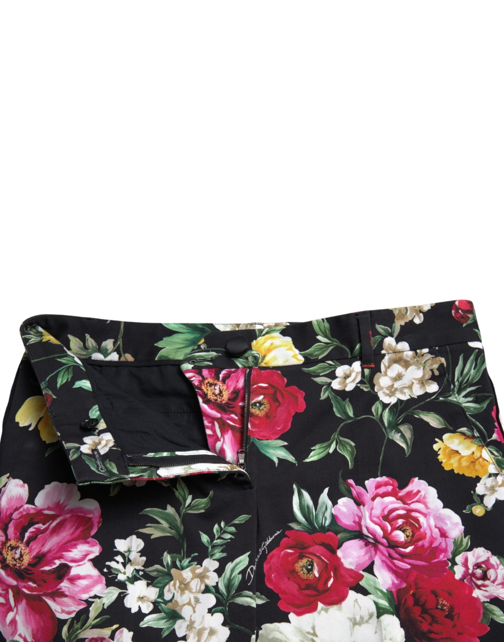 Dolce & Gabbana Black Floral Print Mid Waist Cropped Women's Pants