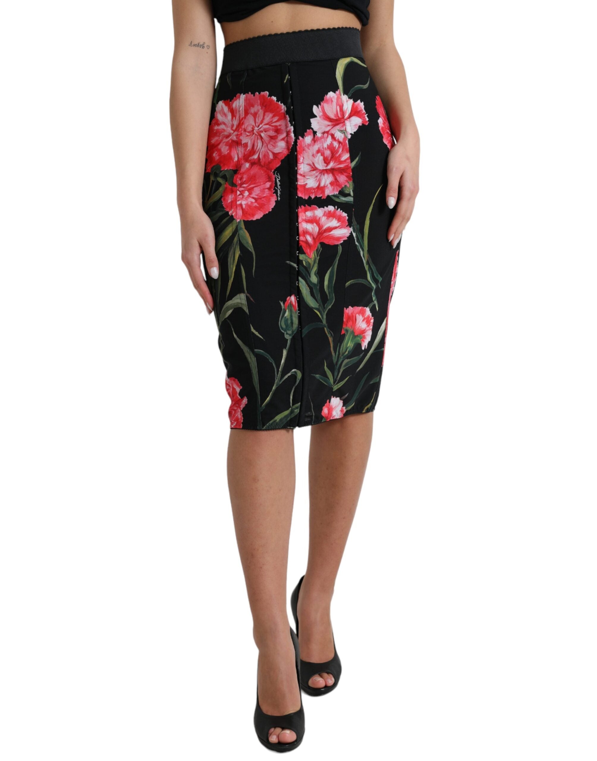 Dolce & Gabbana Black Carnation Pencil Cut Knee Length Women's Skirt