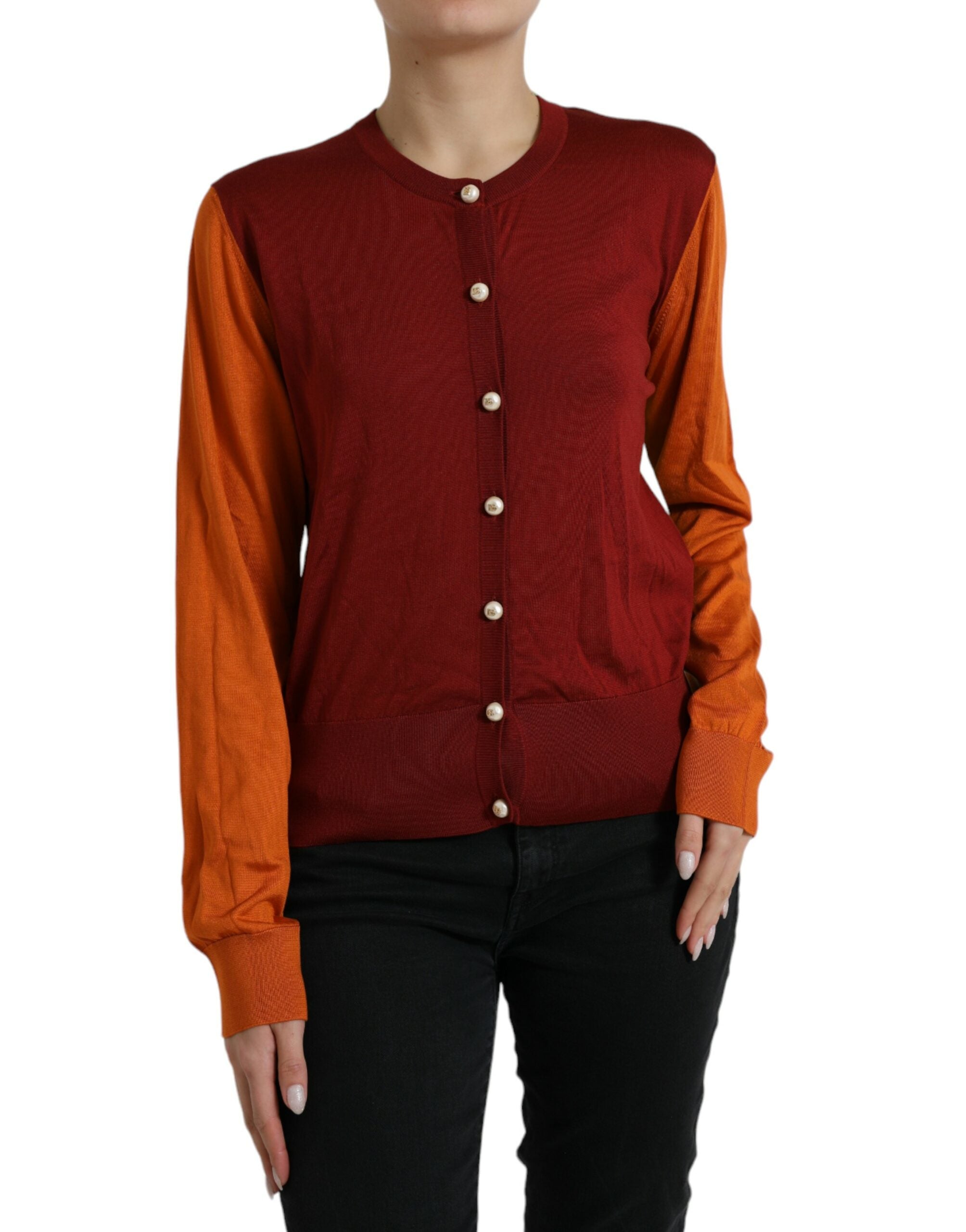 Dolce & Gabbana Multicolor Cardigan Color Block Silk Crewneck Women's Sweater