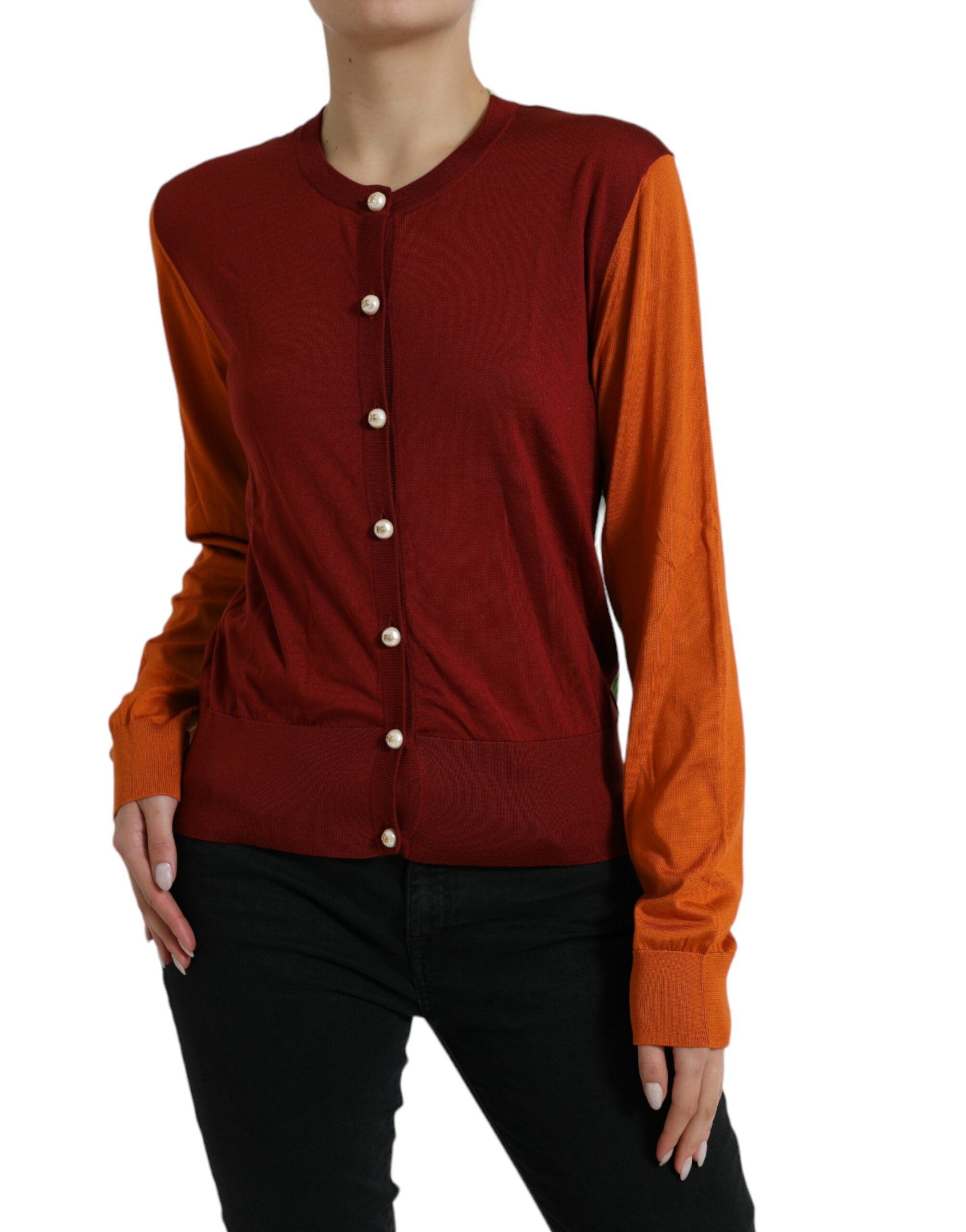 Dolce & Gabbana Multicolor Cardigan Color Block Silk Crewneck Women's Sweater