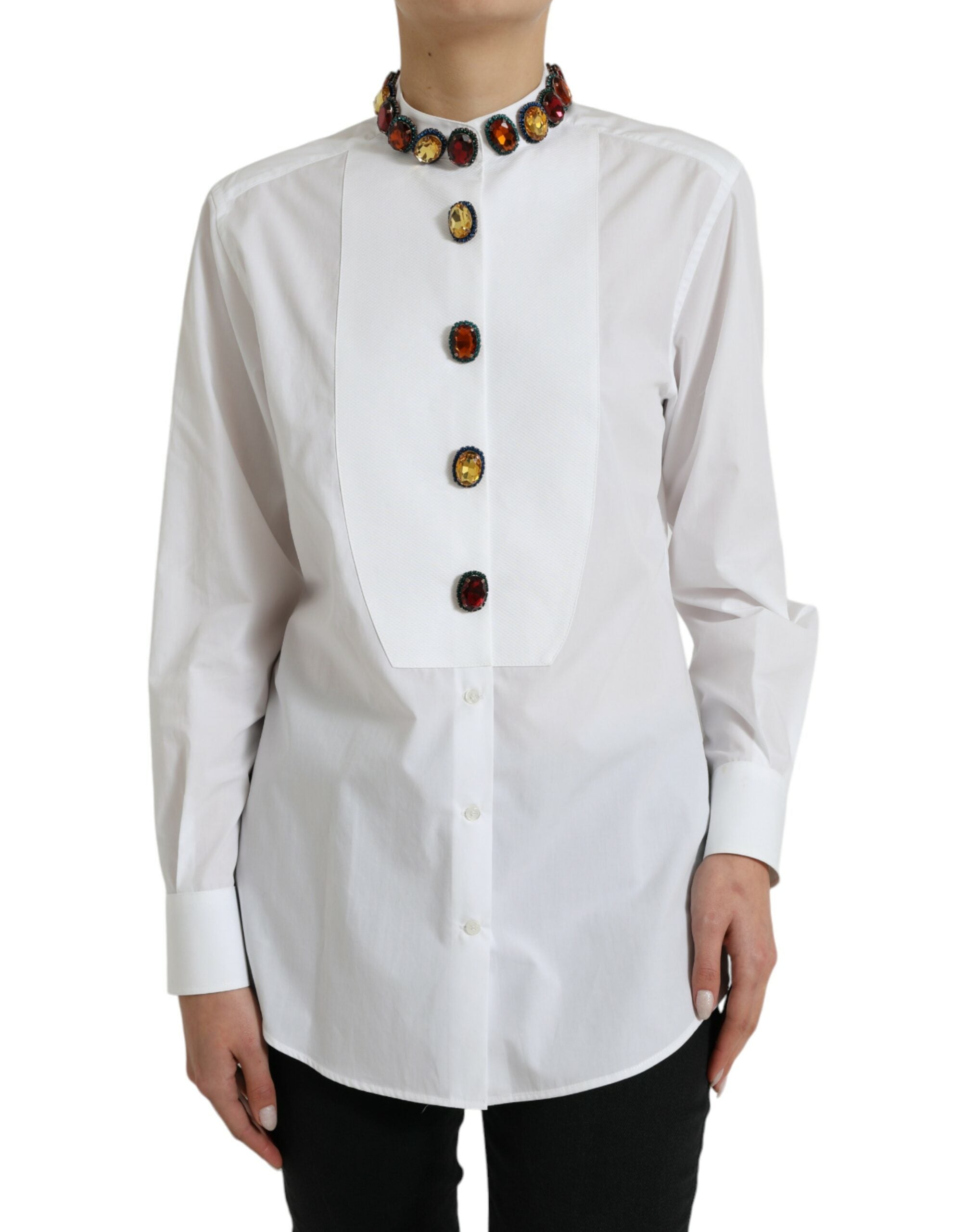 Dolce & Gabbana Elegant Crystal-Embellished White Cotton Women's Top