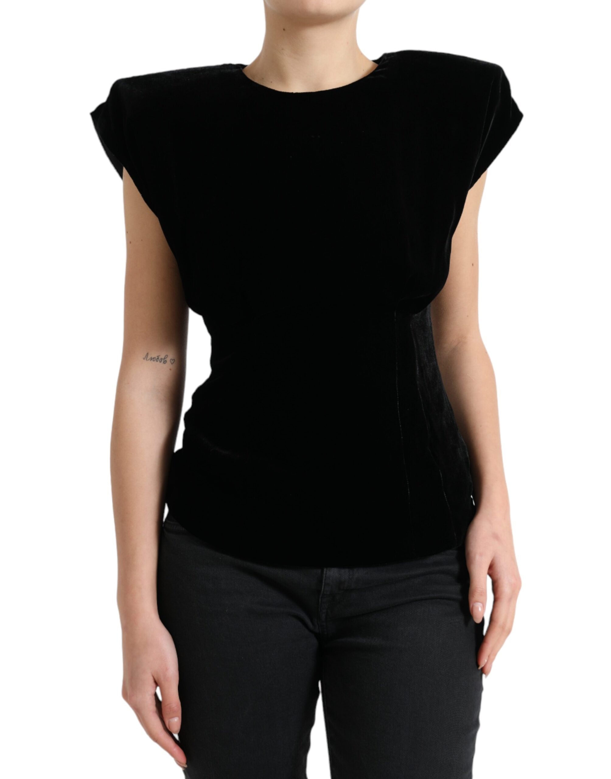 Dolce & Gabbana Black Velvet Fitted Padded Shoulder Blouse Women's Top
