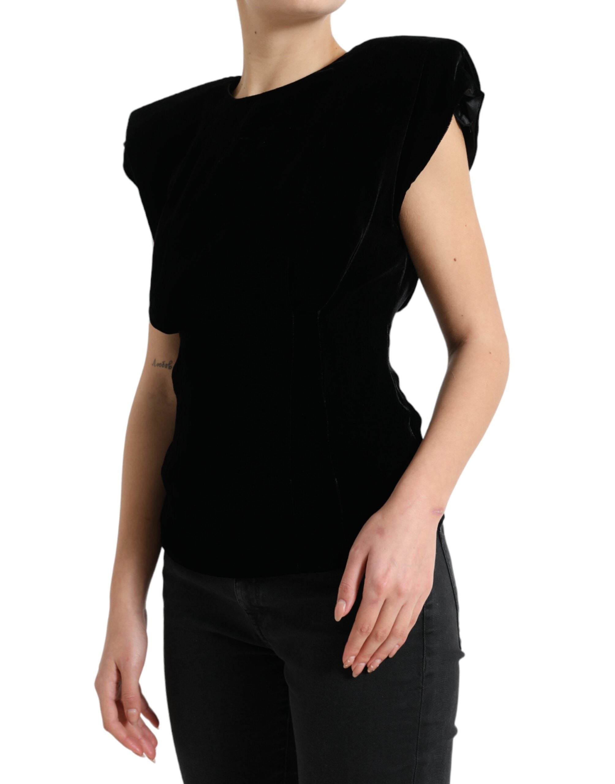 Dolce & Gabbana Black Velvet Fitted Padded Shoulder Blouse Women's Top
