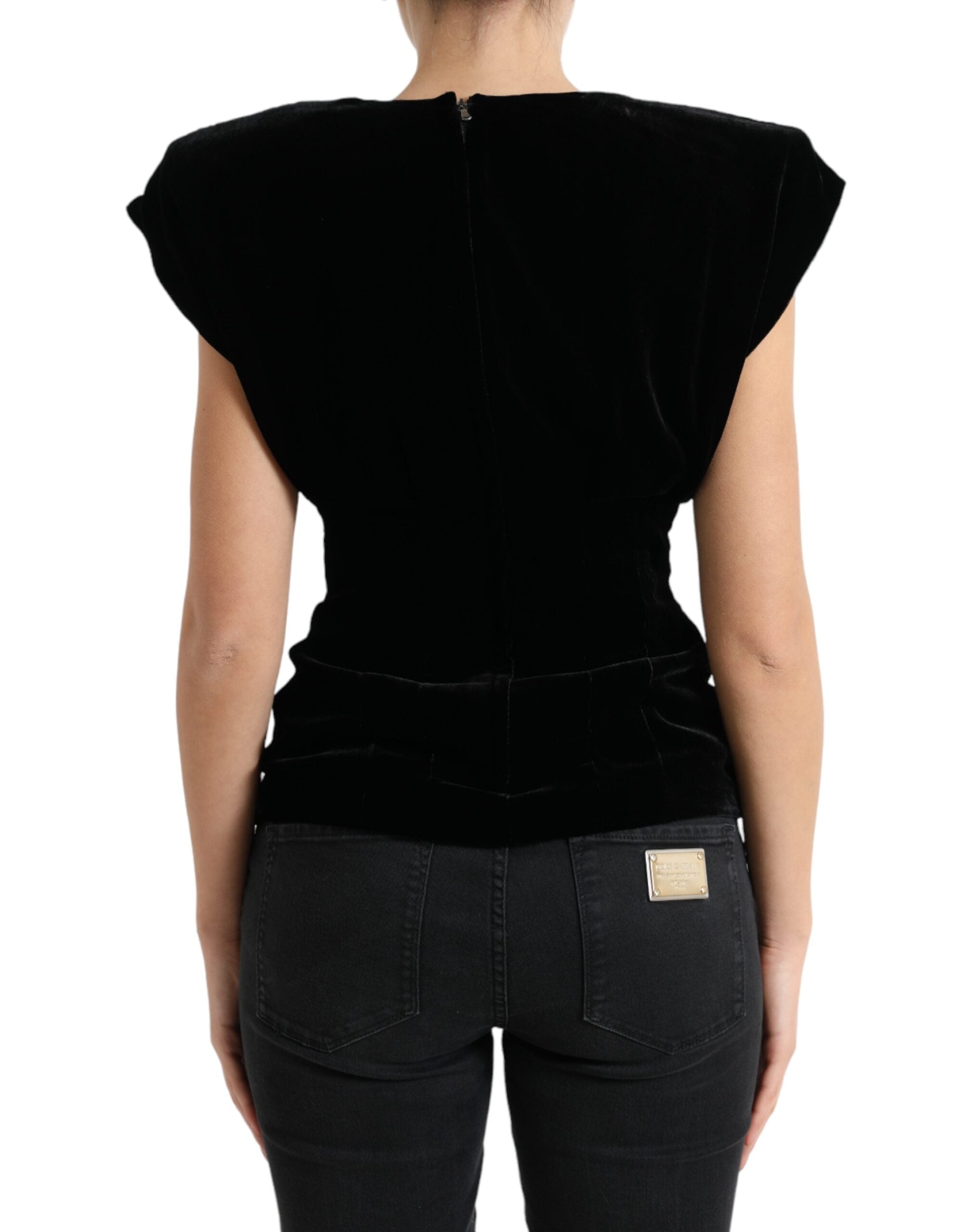 Dolce & Gabbana Black Velvet Fitted Padded Shoulder Blouse Women's Top