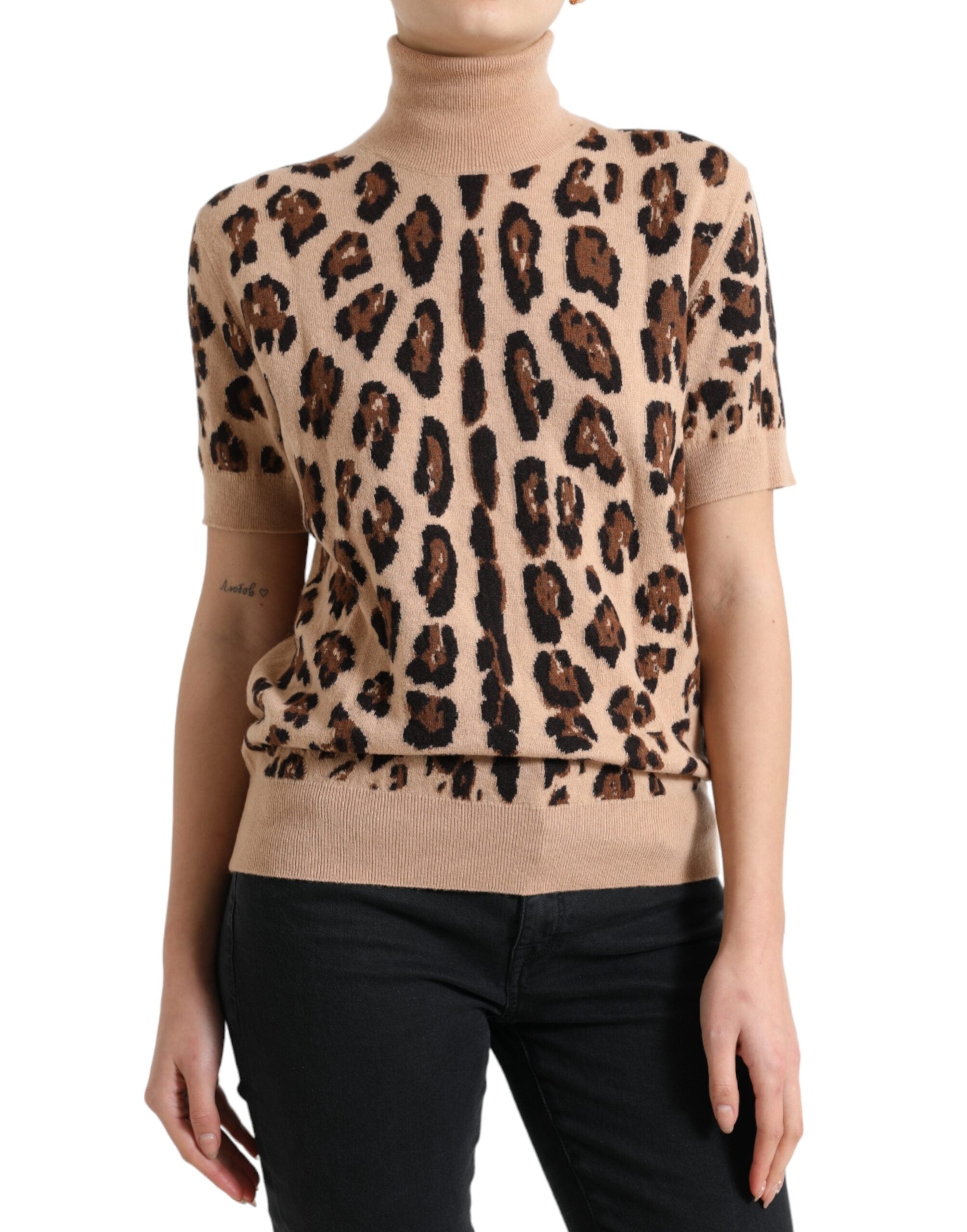 Dolce & Gabbana Elegant Beige Leopard Turtleneck Wool Women's Top