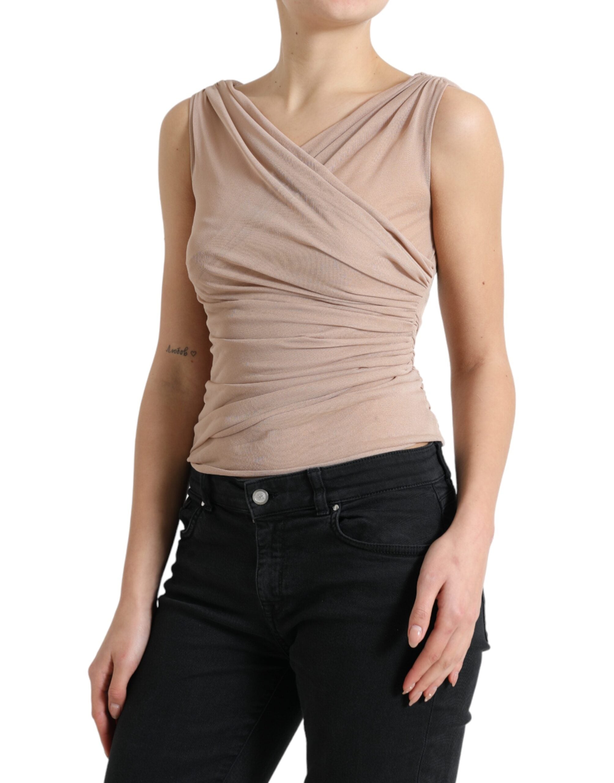 Dolce & Gabbana Elegant Beige V-Neck Sleeveless Sheer Tank Women's Top