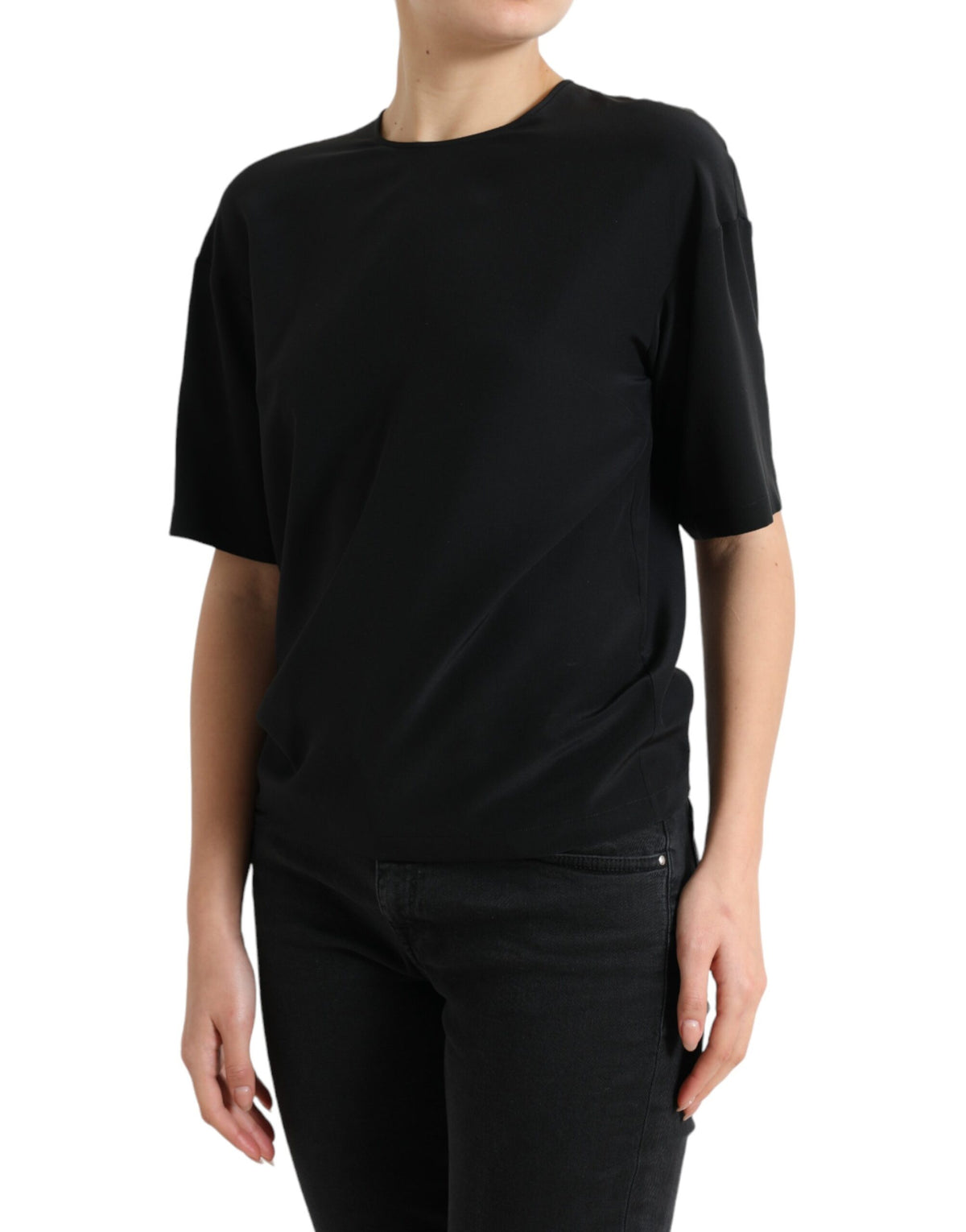 Dolce & Gabbana Black Silk Round Neck Short Sleeve Blouse Women's Top