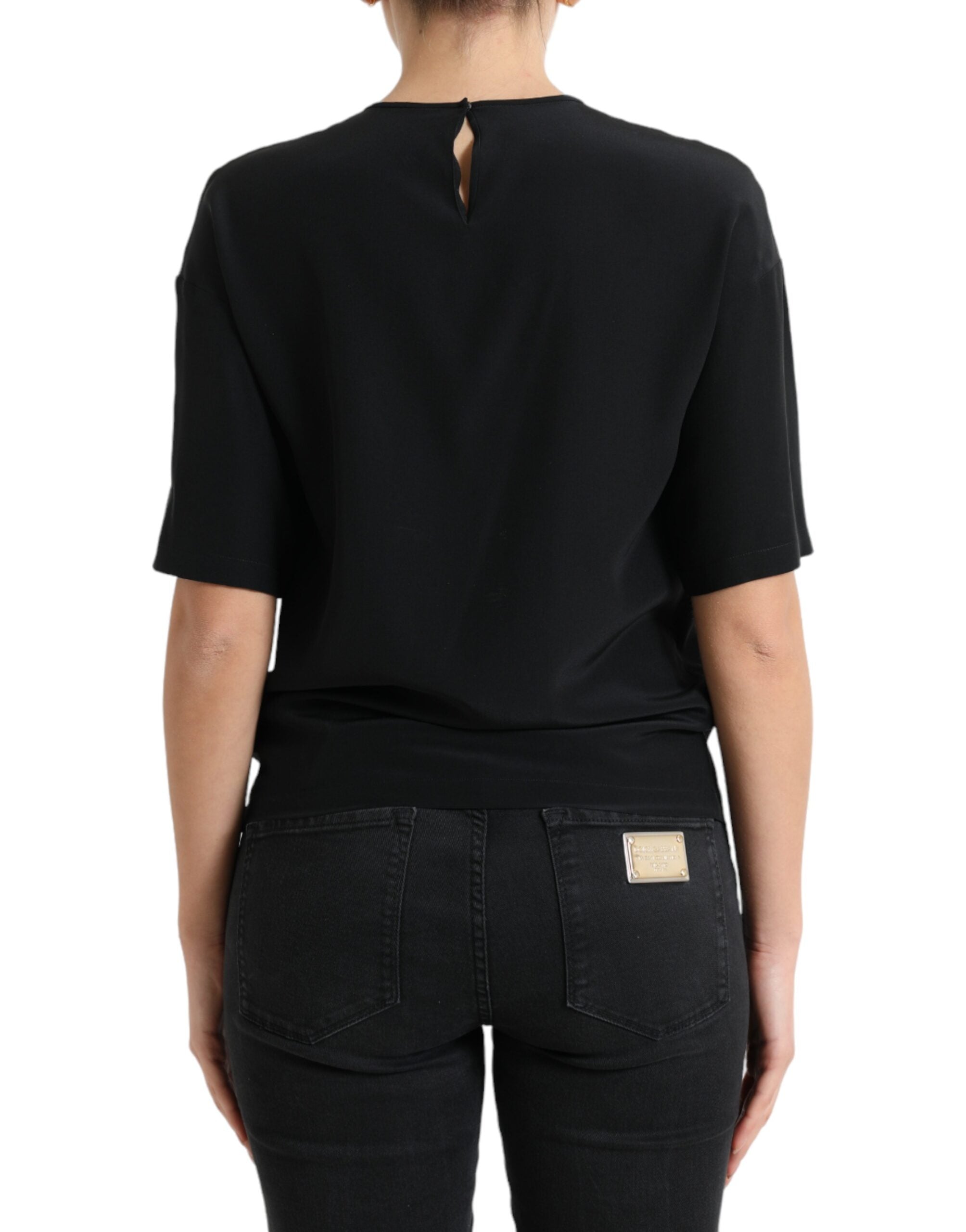 Dolce & Gabbana Black Silk Round Neck Short Sleeve Blouse Women's Top