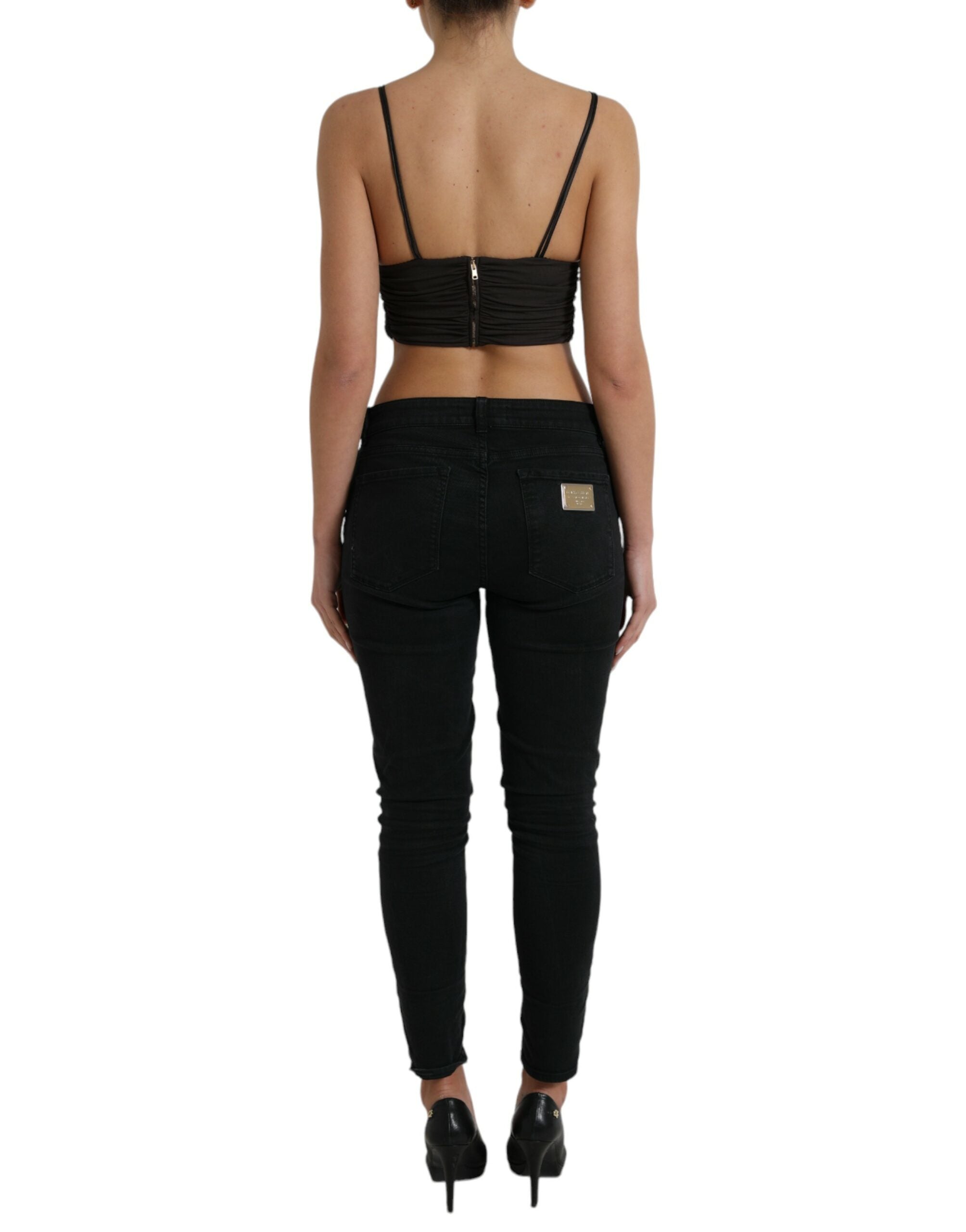 Dolce & Gabbana Brown Viscose Plunging V-neck Cropped Tank Women's Top