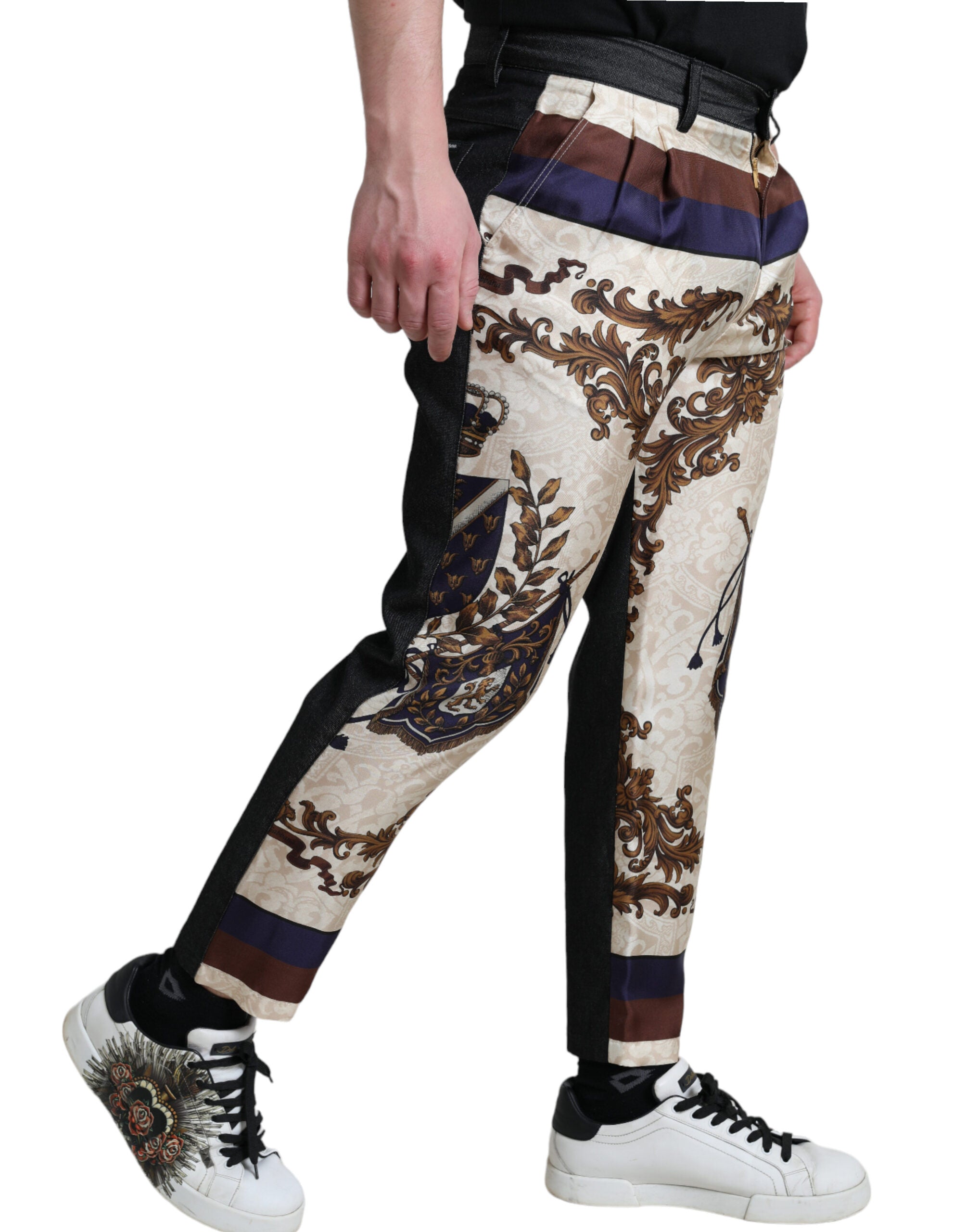Dolce & Gabbana Elegant Silk Skinny Pants with Heraldic Men's Print