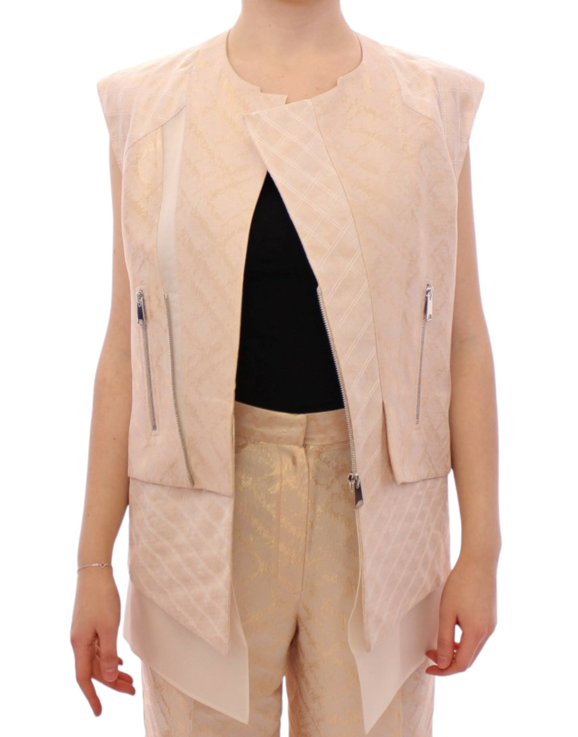 Zeyneptosun Exquisite Beige Brocade Sleeveless Jacket Women's Vest