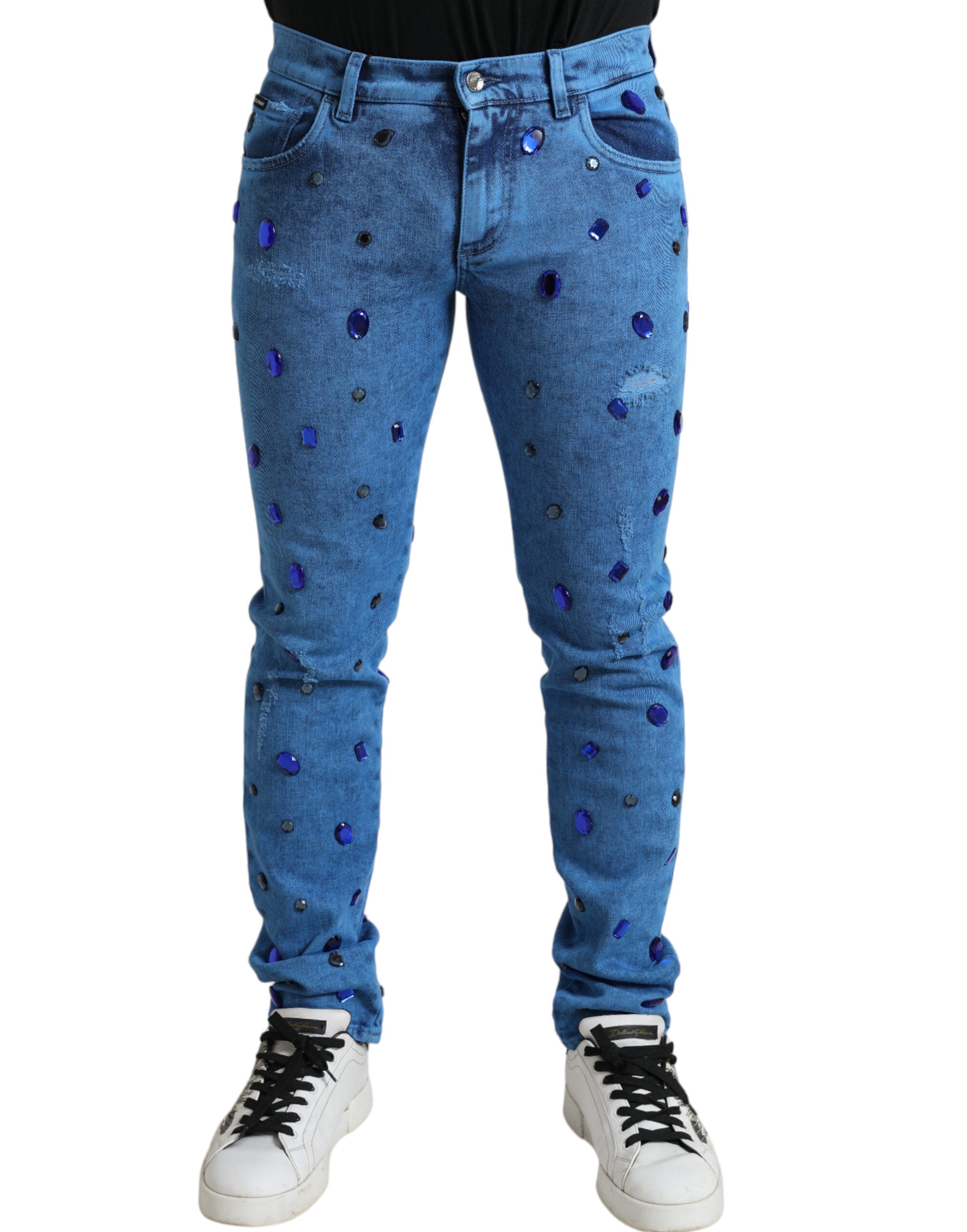Dolce & Gabbana Blue Crystal Embellished Skinny Denim Men's Jeans