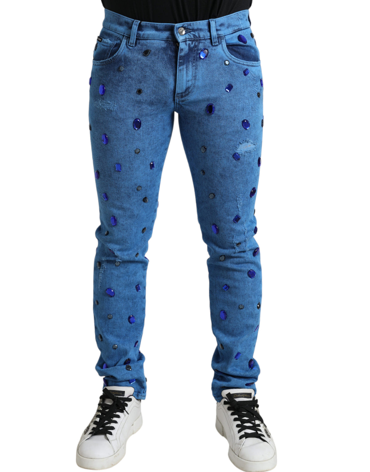 Dolce & Gabbana Blue Crystal Embellished Skinny Denim Men's Jeans