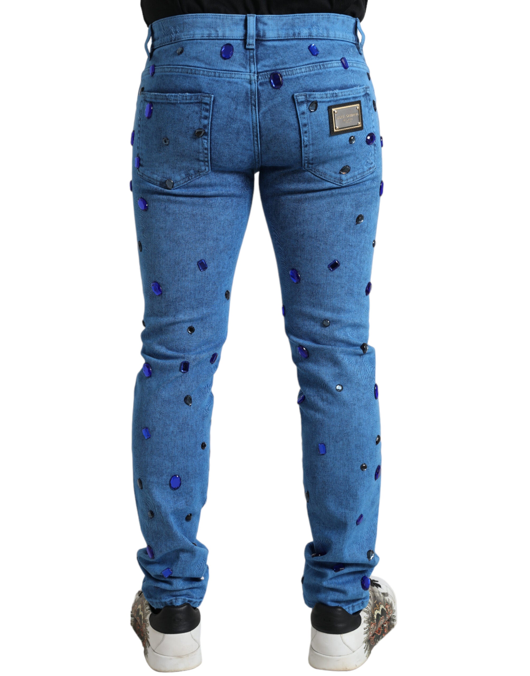 Dolce & Gabbana Blue Crystal Embellished Skinny Denim Men's Jeans