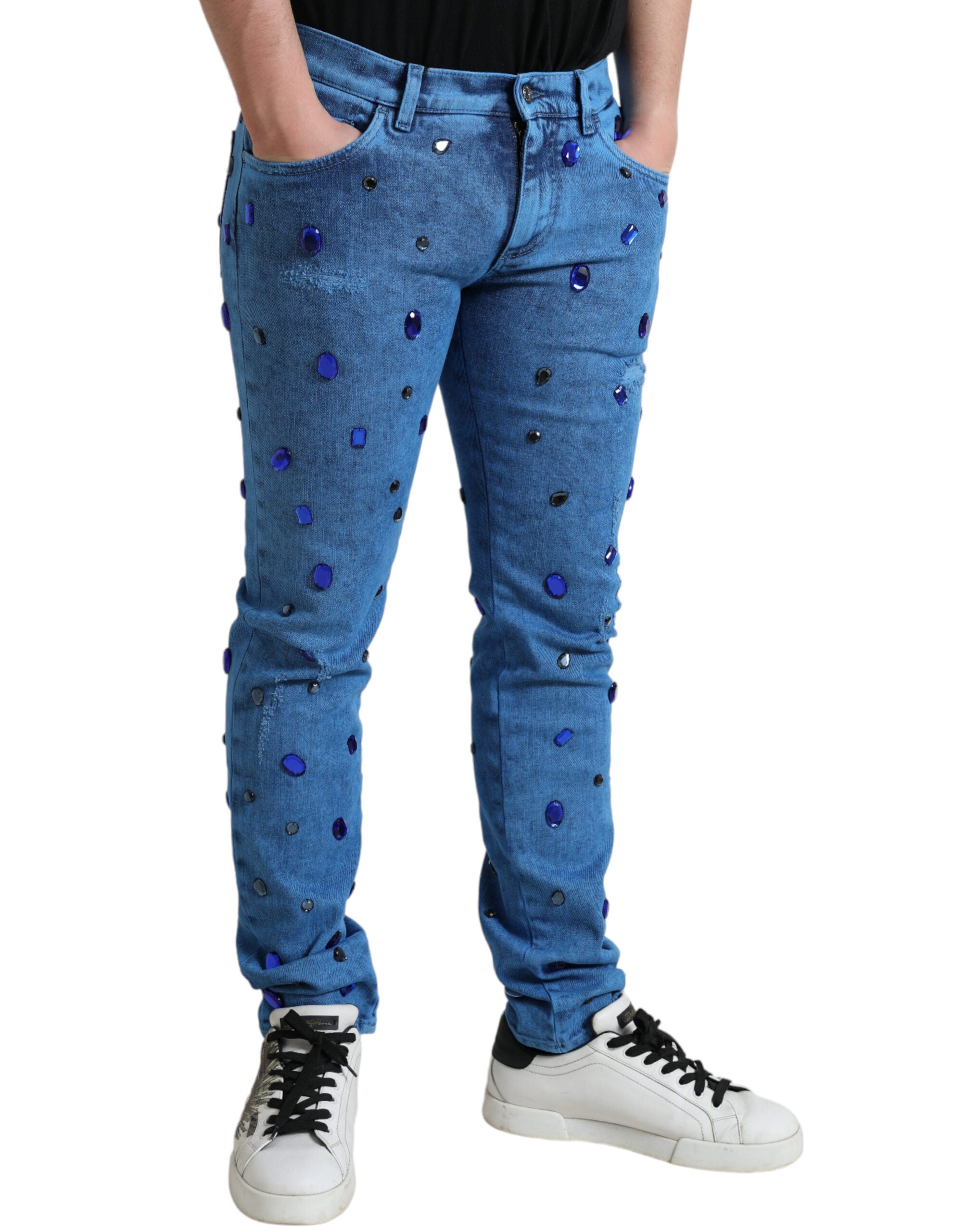 Dolce & Gabbana Blue Crystal Embellished Skinny Denim Men's Jeans
