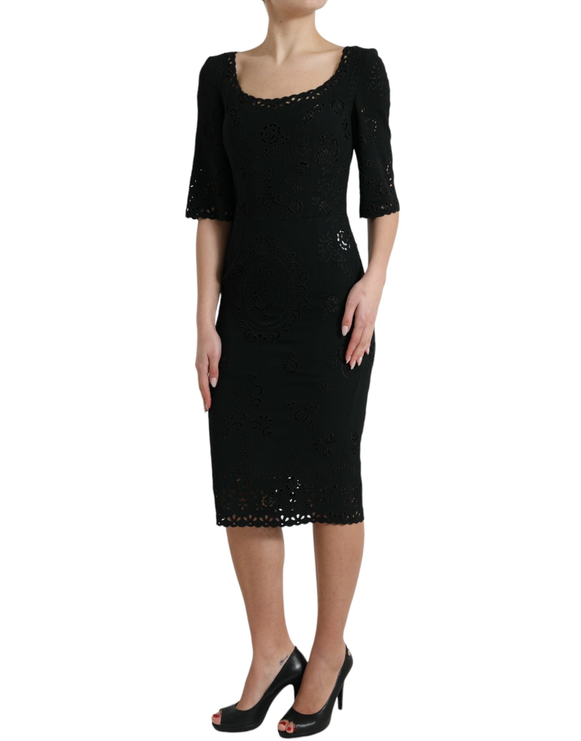 Dolce & Gabbana Black Floral Lace Viscose Bodycon Midi Women's Dress