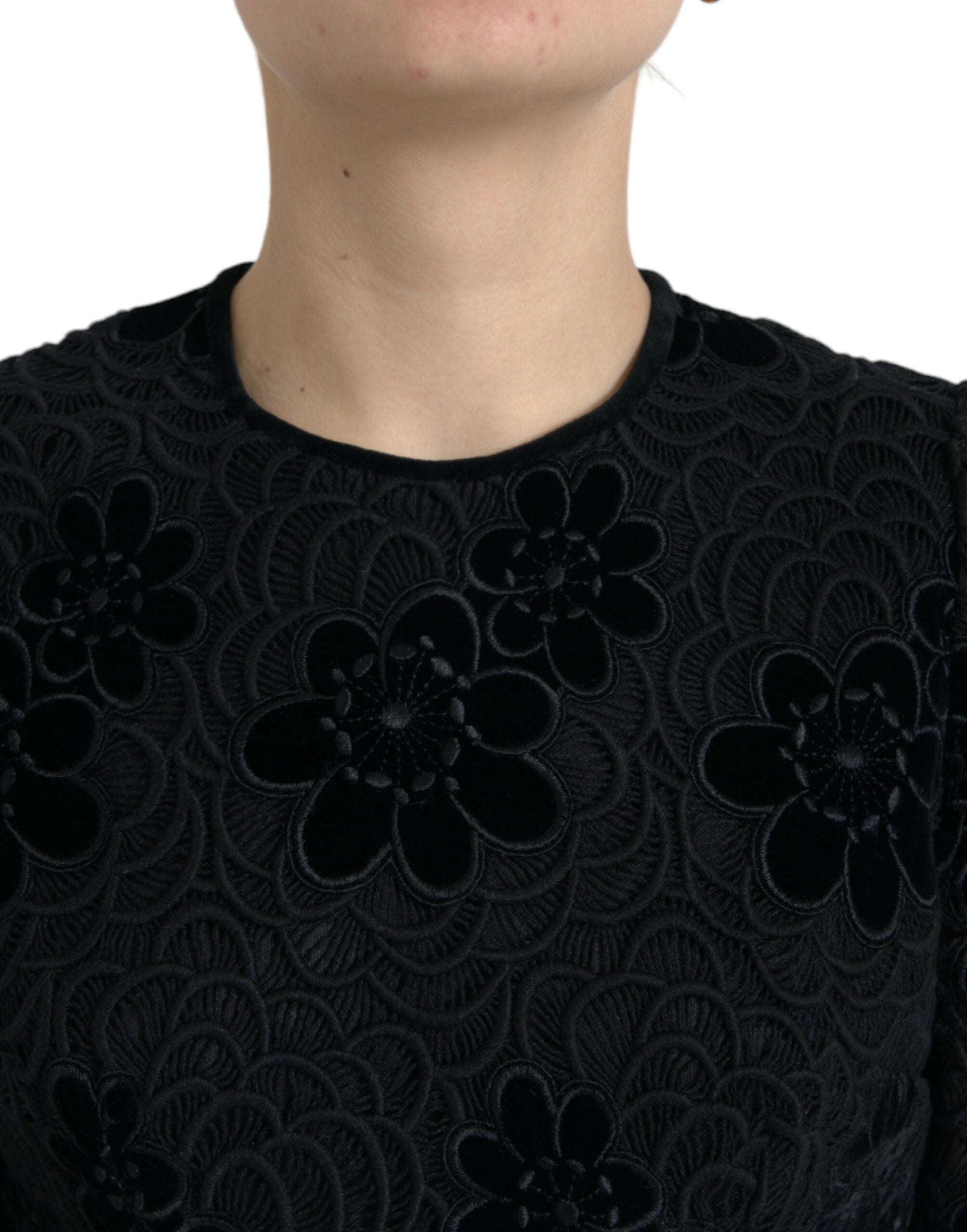 Dolce & Gabbana Black Floral Lace Cotton Bodycon Women's Dress