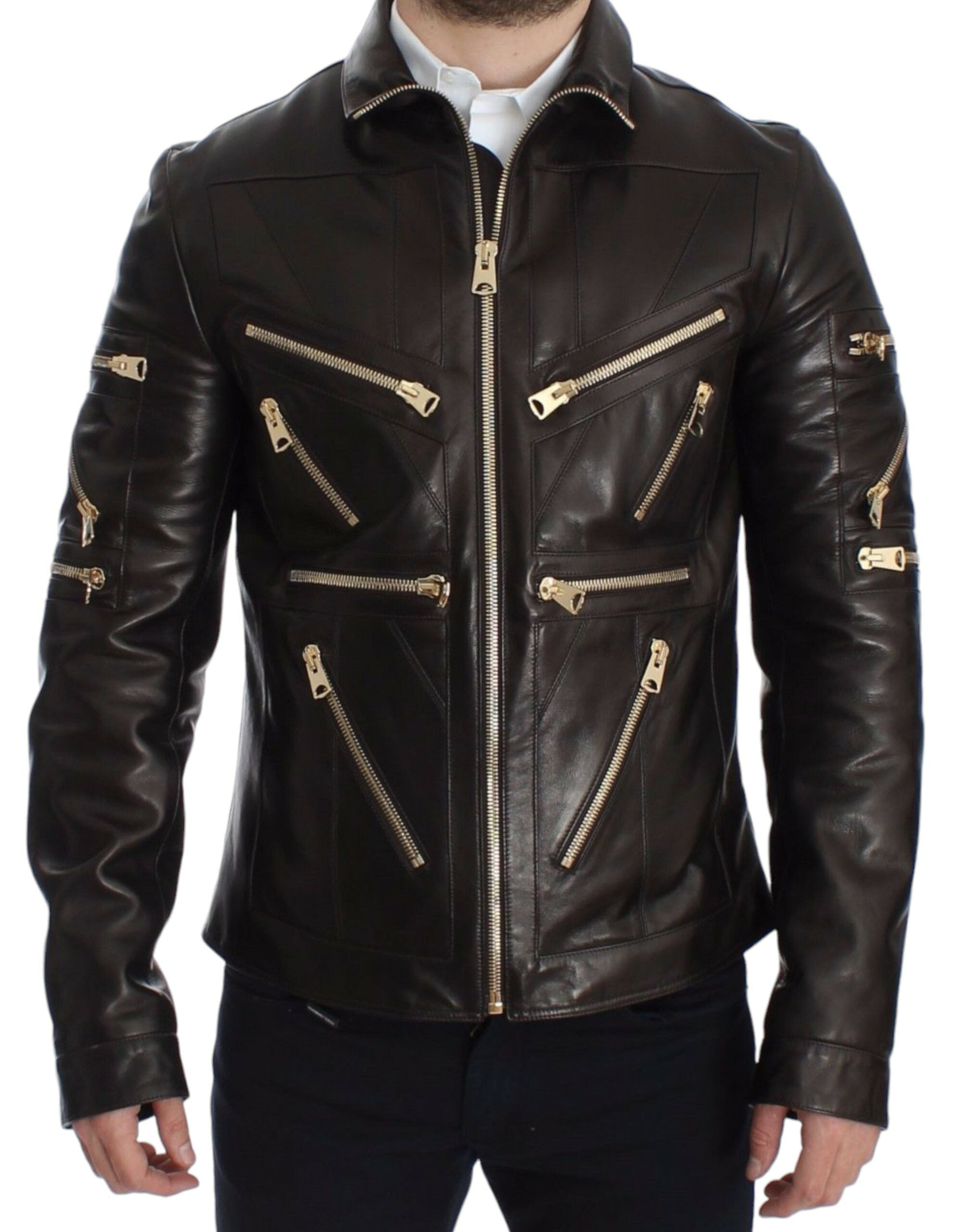 Dolce & Gabbana Brown Lambskin Leather Zipper Men's Jacket