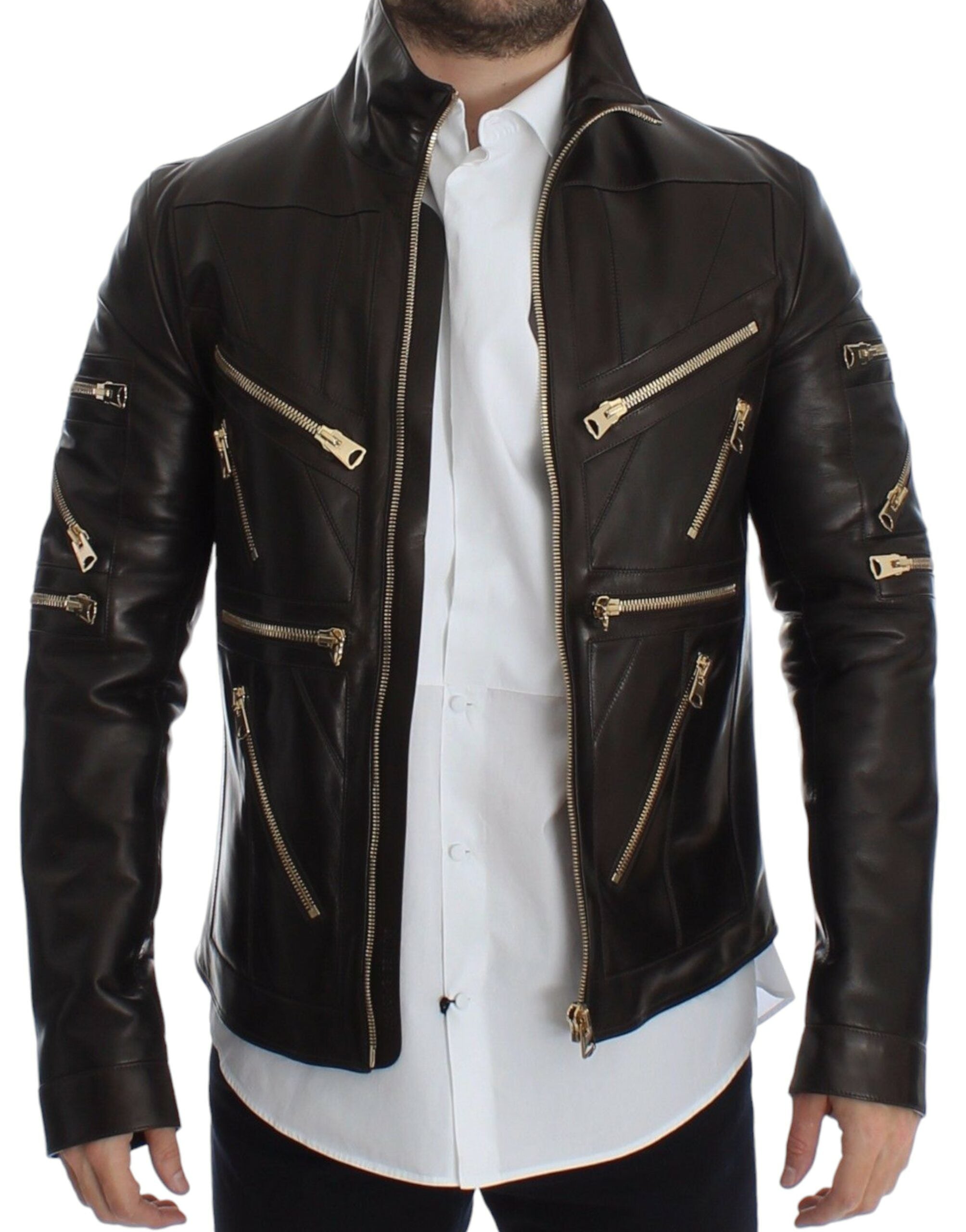 Dolce & Gabbana Brown Lambskin Leather Zipper Men's Jacket