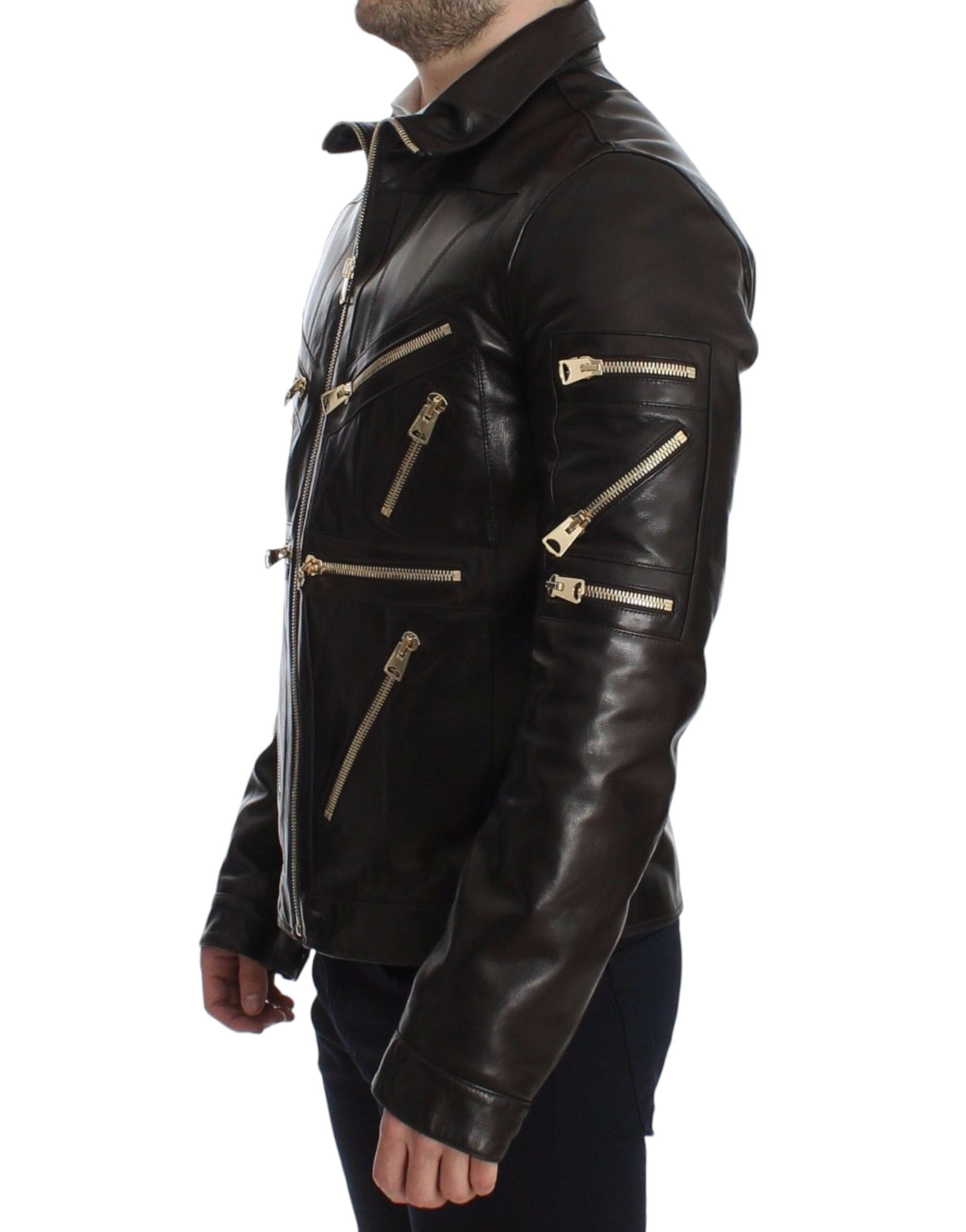 Dolce & Gabbana Brown Lambskin Leather Zipper Men's Jacket