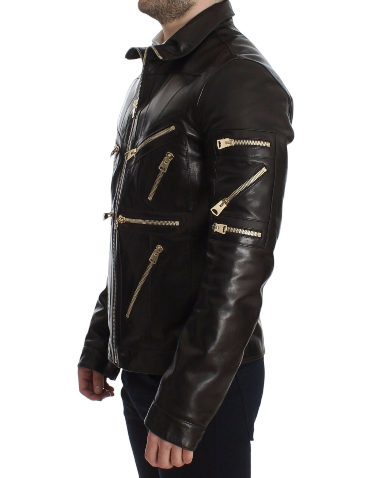 Dolce & Gabbana Brown Lambskin Leather Zipper Men's Jacket