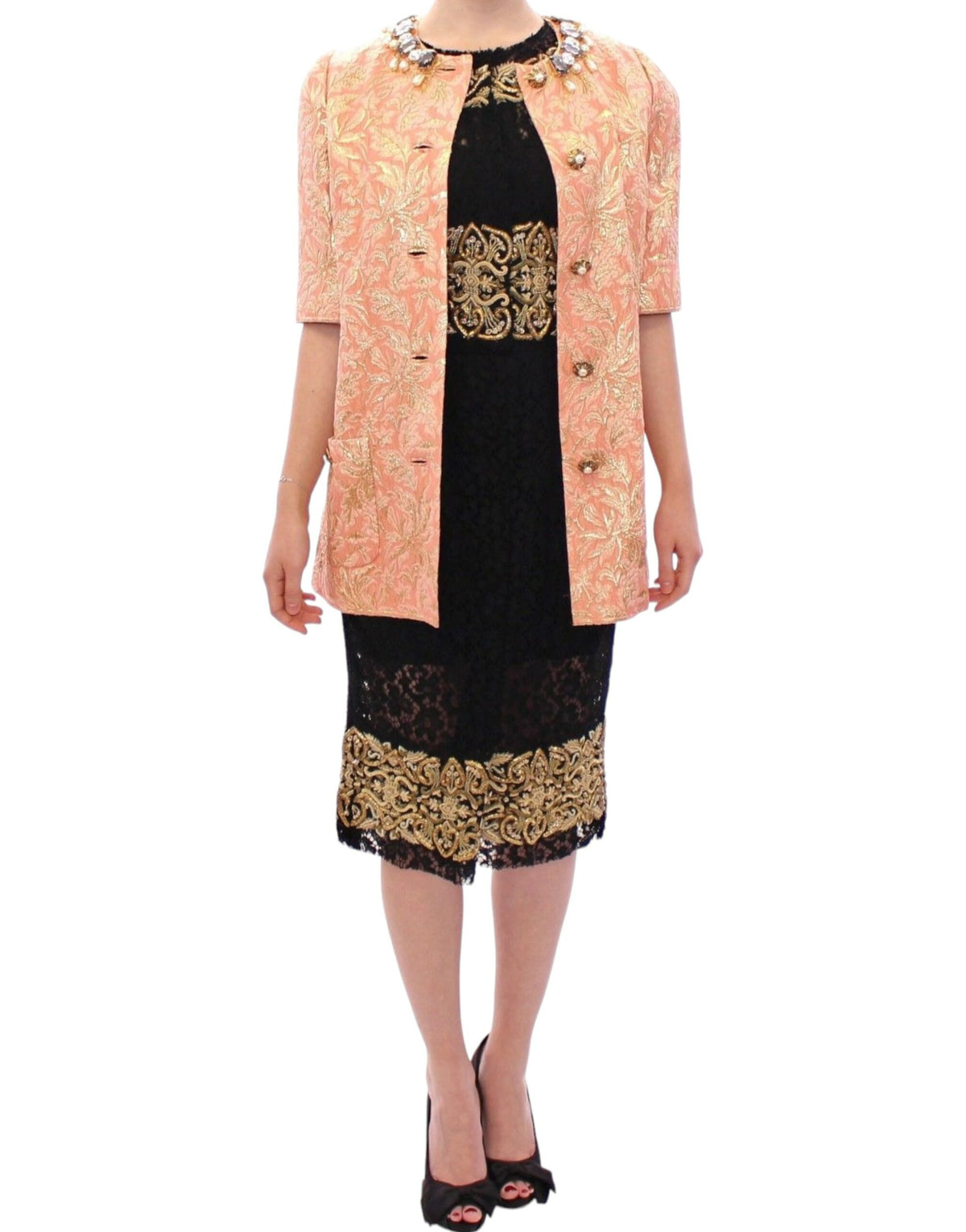 Dolce & Gabbana Pink Silk Brocade Crystal Jacket Women's Coat