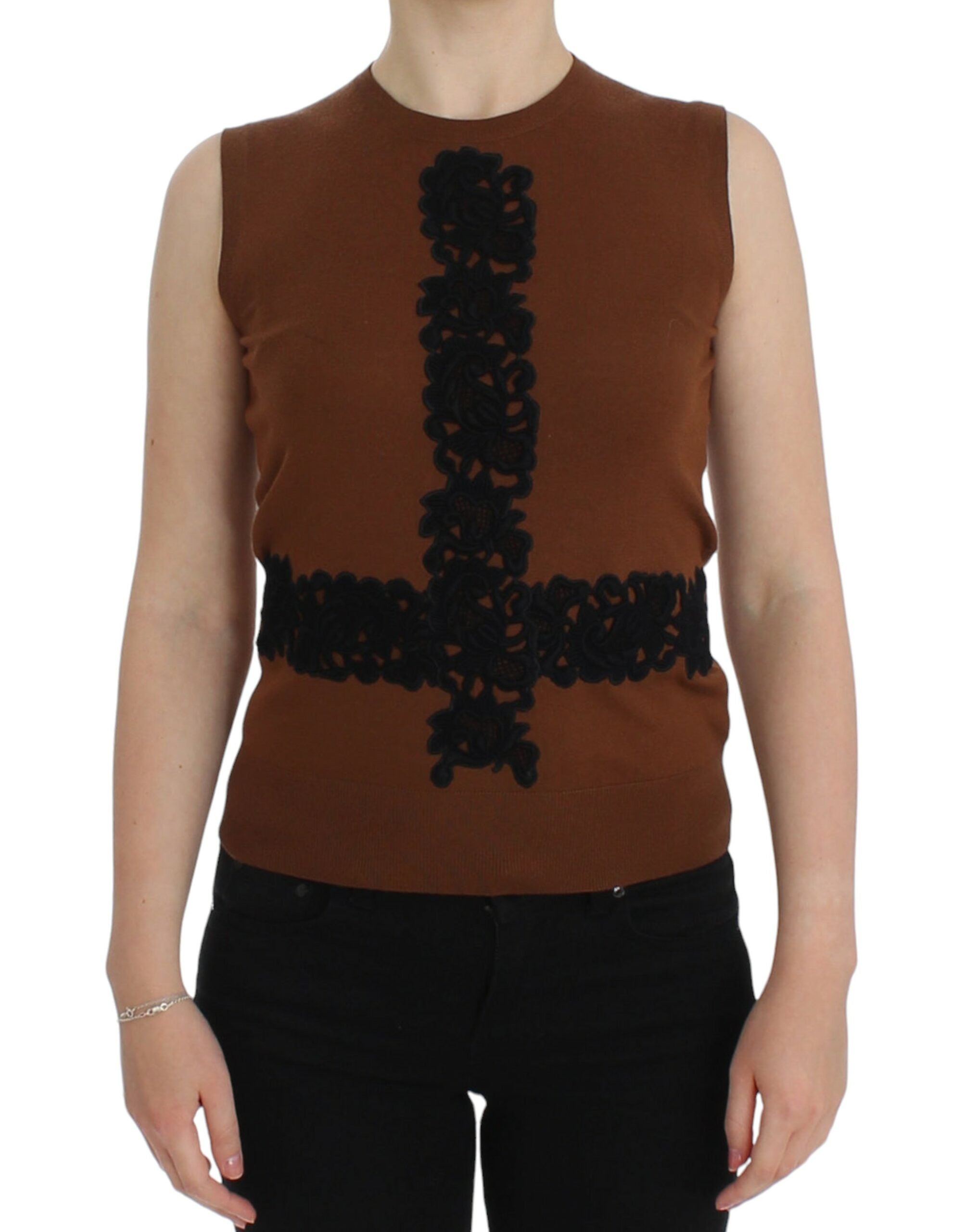 Dolce & Gabbana Brown Wool Black Lace Vest Sweater Women's Top