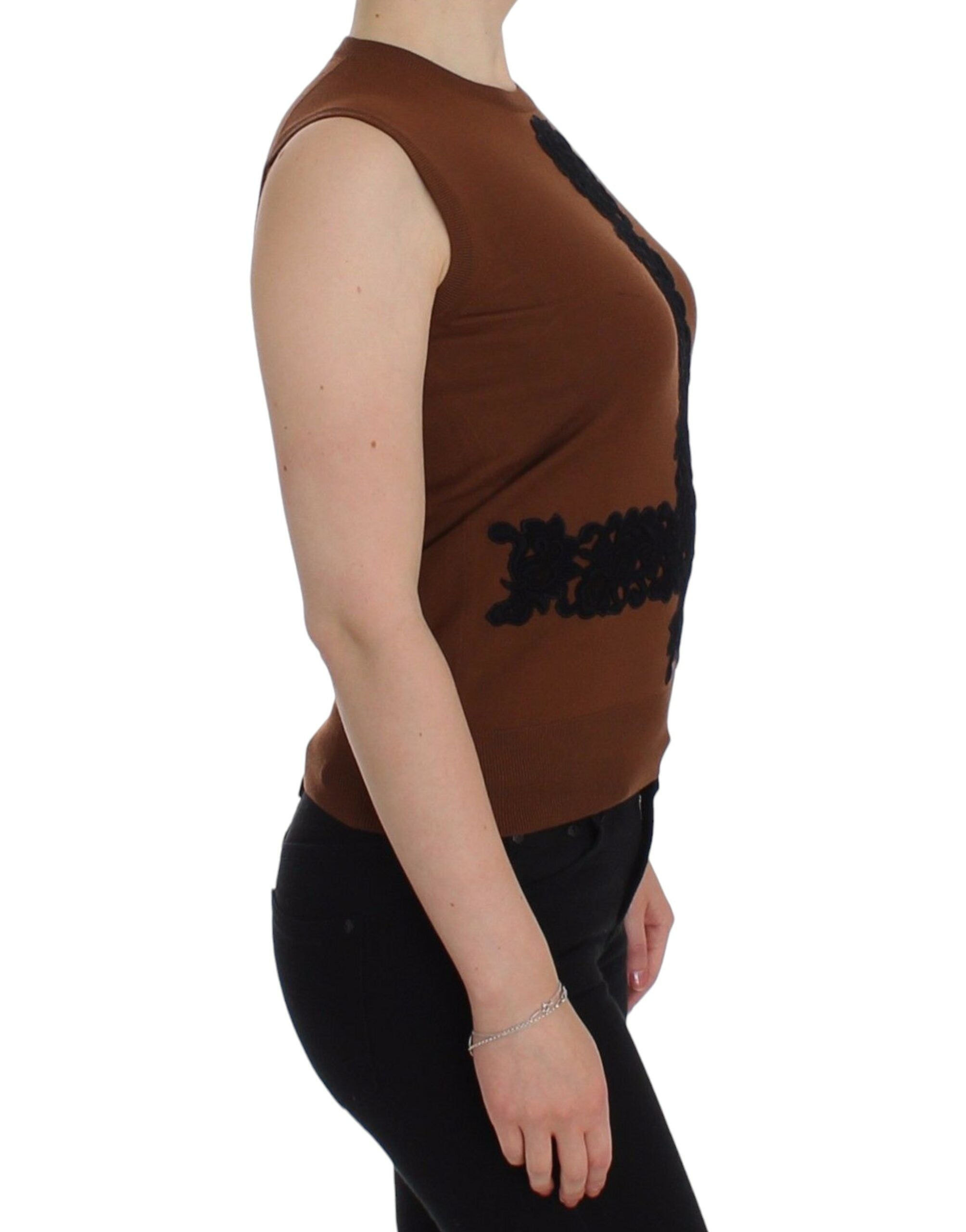 Dolce & Gabbana Brown Wool Black Lace Vest Sweater Women's Top