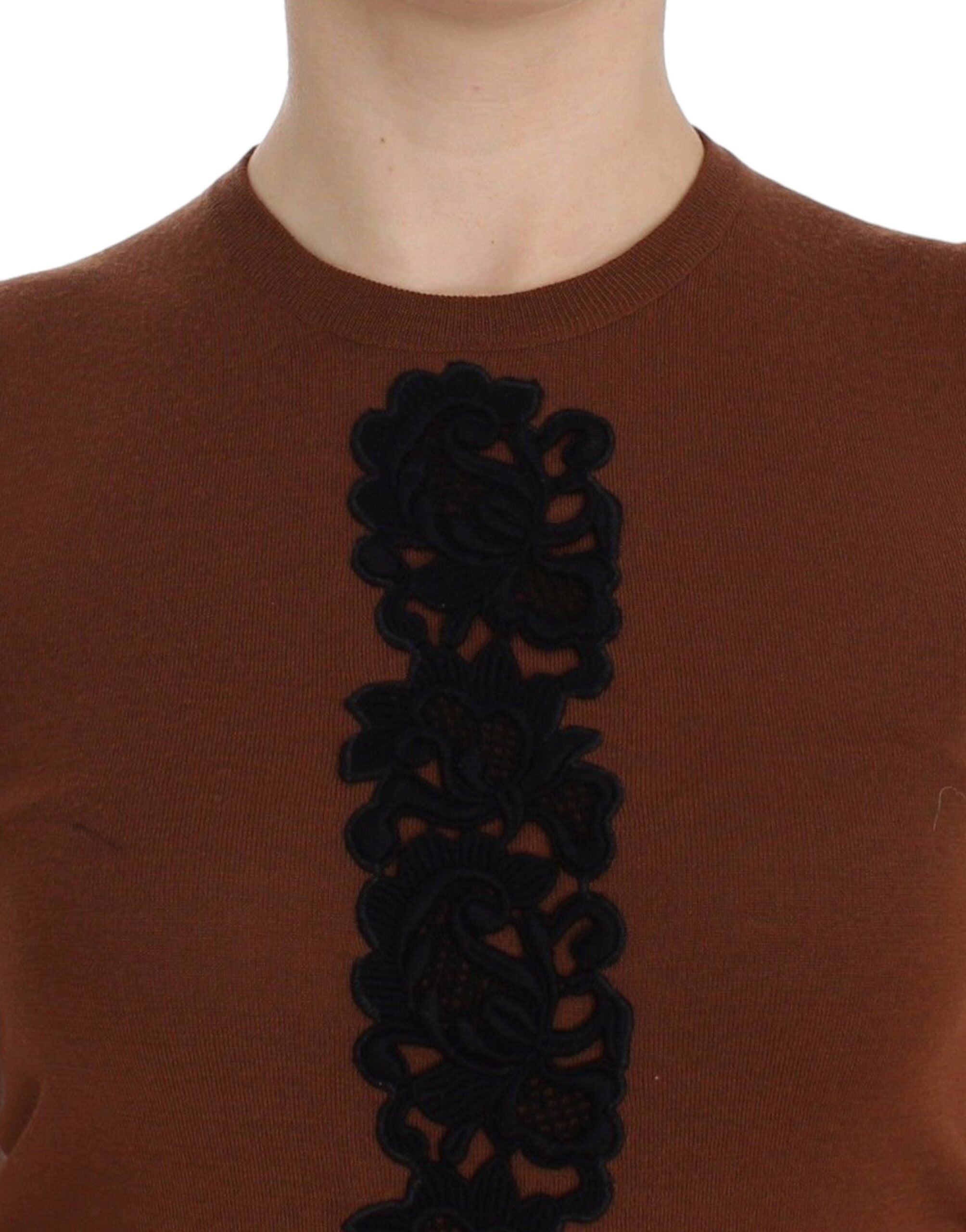 Dolce & Gabbana Brown Wool Black Lace Vest Sweater Women's Top
