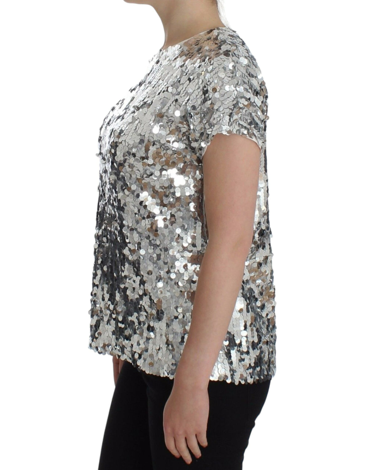 Dolce & Gabbana Silver Sequined Crewneck Blouse T-shirt Women's Top