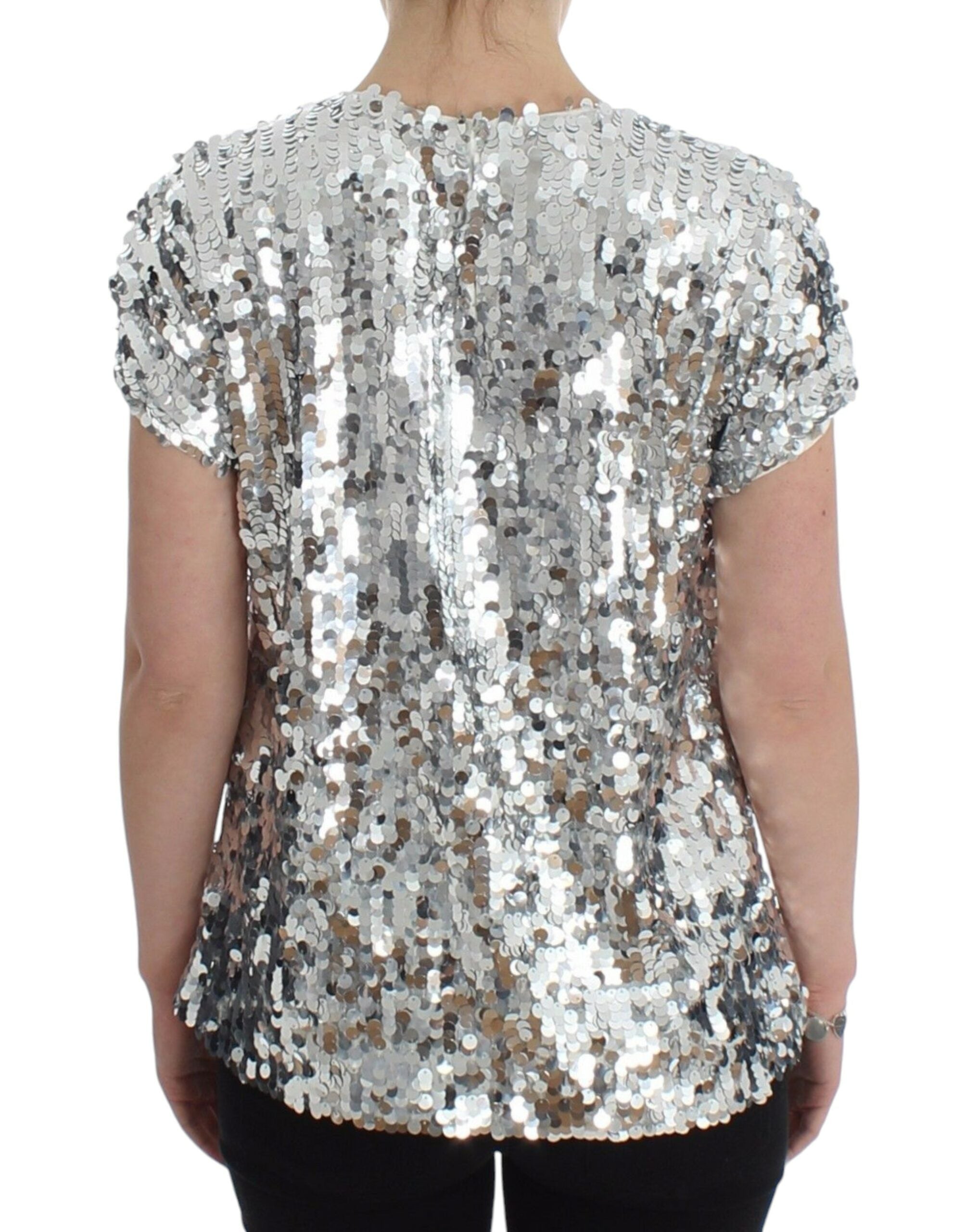 Dolce & Gabbana Silver Sequined Crewneck Blouse T-shirt Women's Top