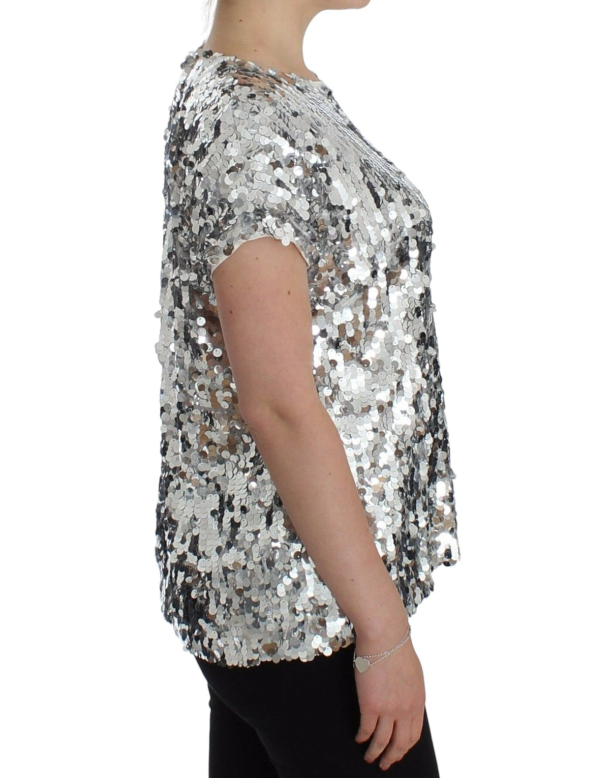 Dolce & Gabbana Silver Sequined Crewneck Blouse T-shirt Women's Top