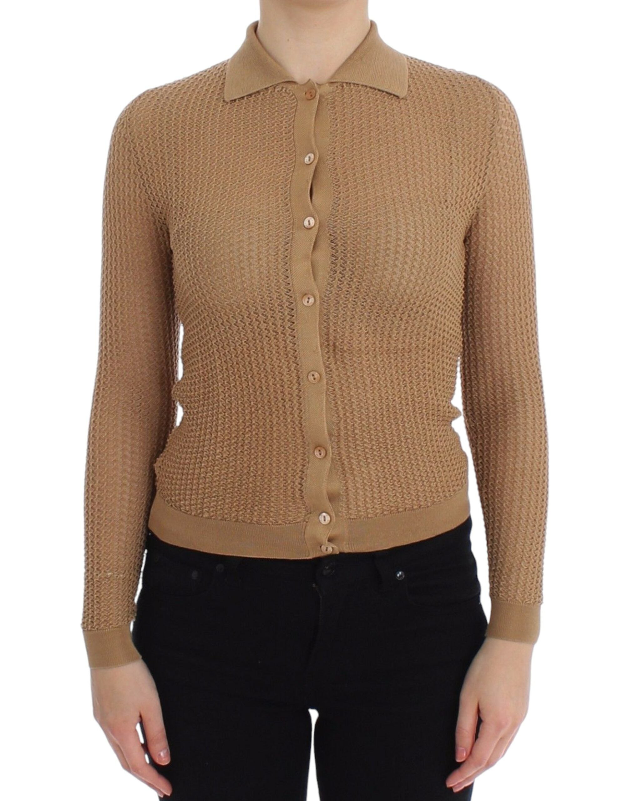 Dolce & Gabbana Beige Knitted Cotton Polo Cardigan Women's Sweater