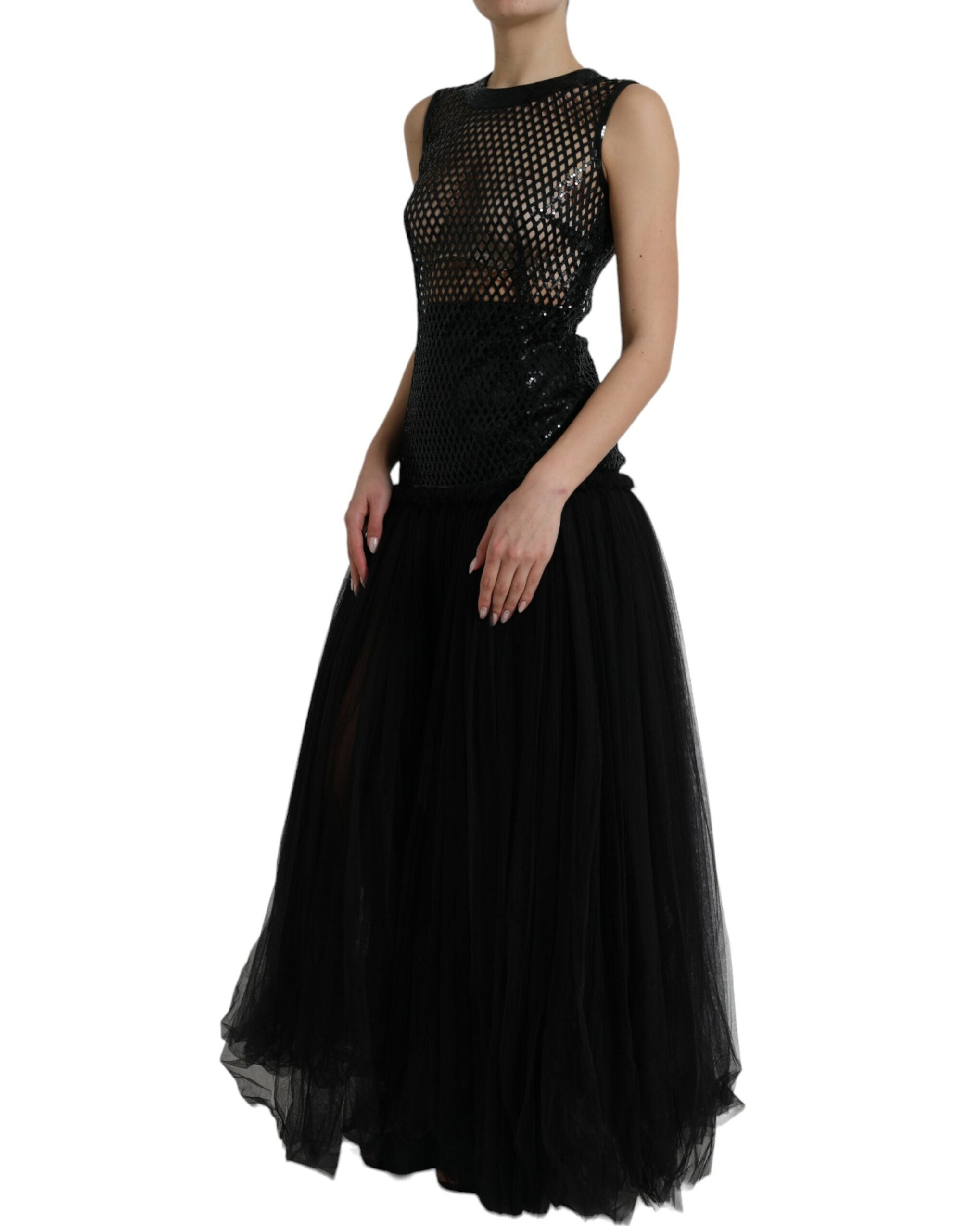 Dolce & Gabbana Black Sequined Sleeveless Mesh Layered Gown Women's Dress