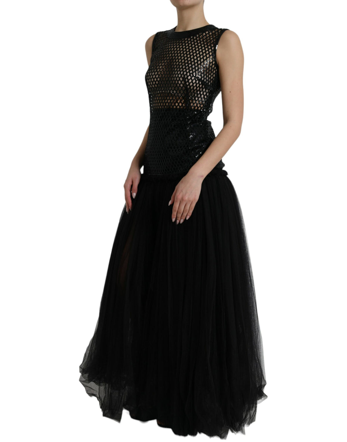 Dolce & Gabbana Black Sequined Sleeveless Mesh Layered Gown Women's Dress