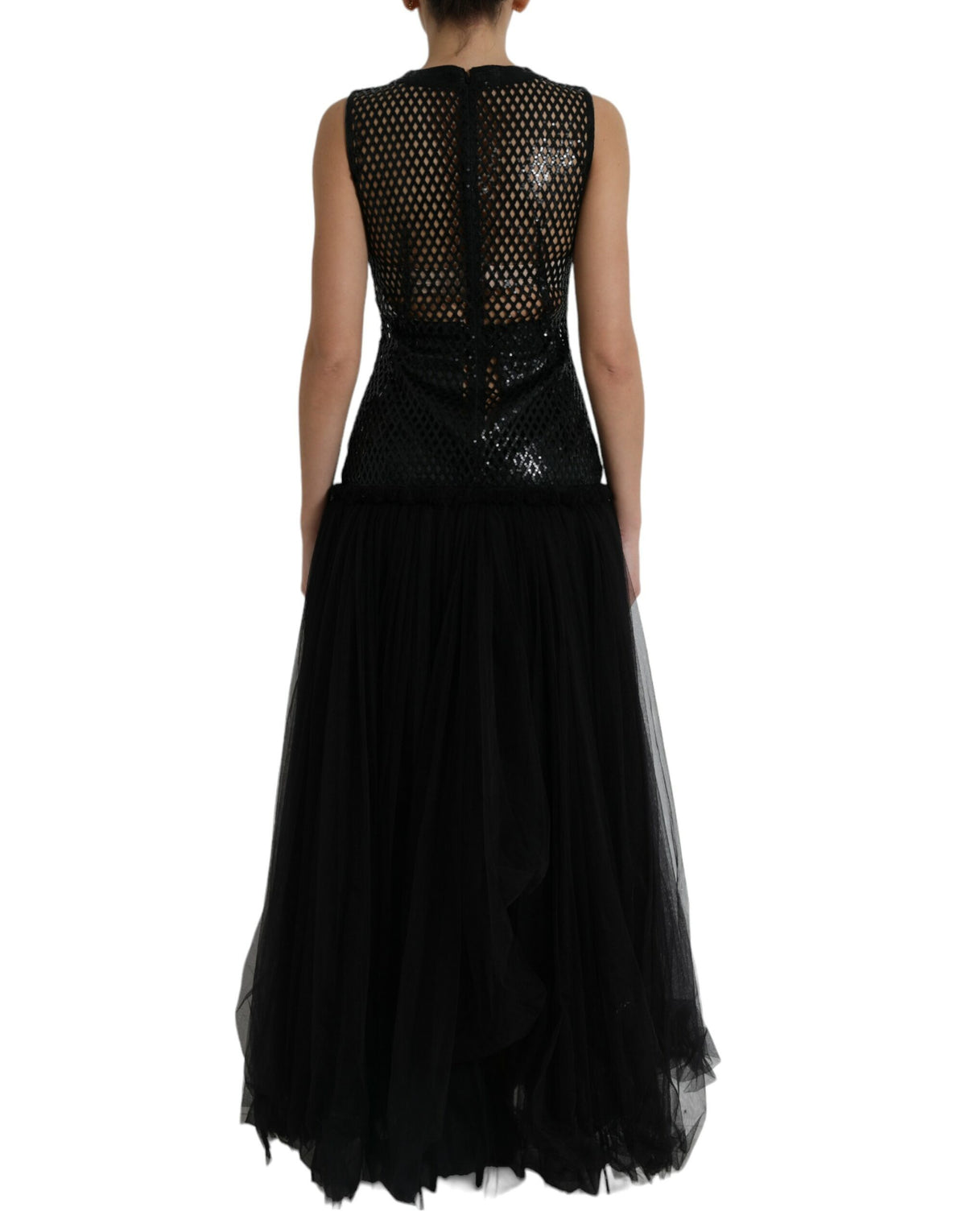 Dolce & Gabbana Black Sequined Sleeveless Mesh Layered Gown Women's Dress