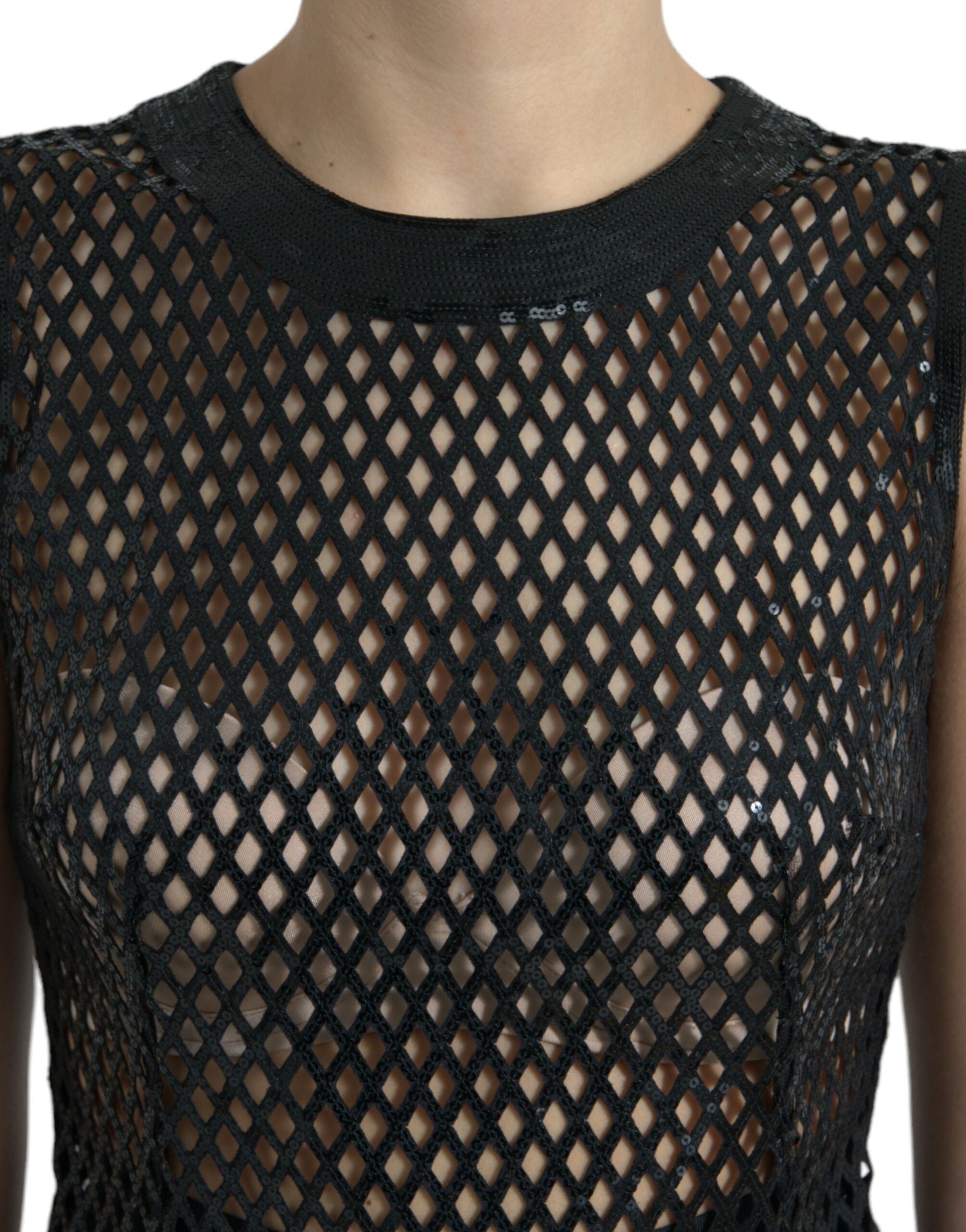Dolce & Gabbana Black Sequined Sleeveless Mesh Layered Gown Women's Dress