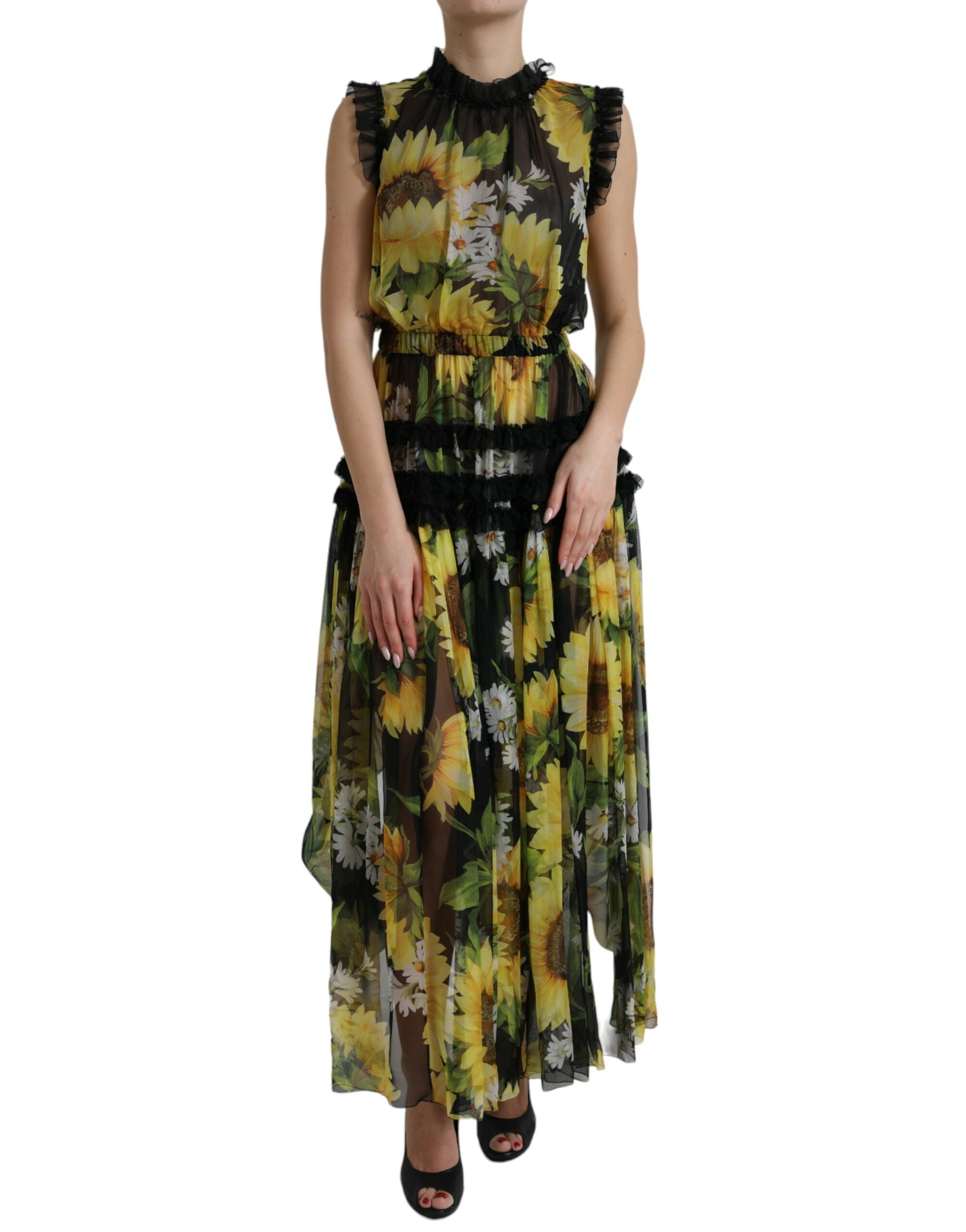 Dolce & Gabbana Black Sunflower A-line Pleated Maxi Women's Dress