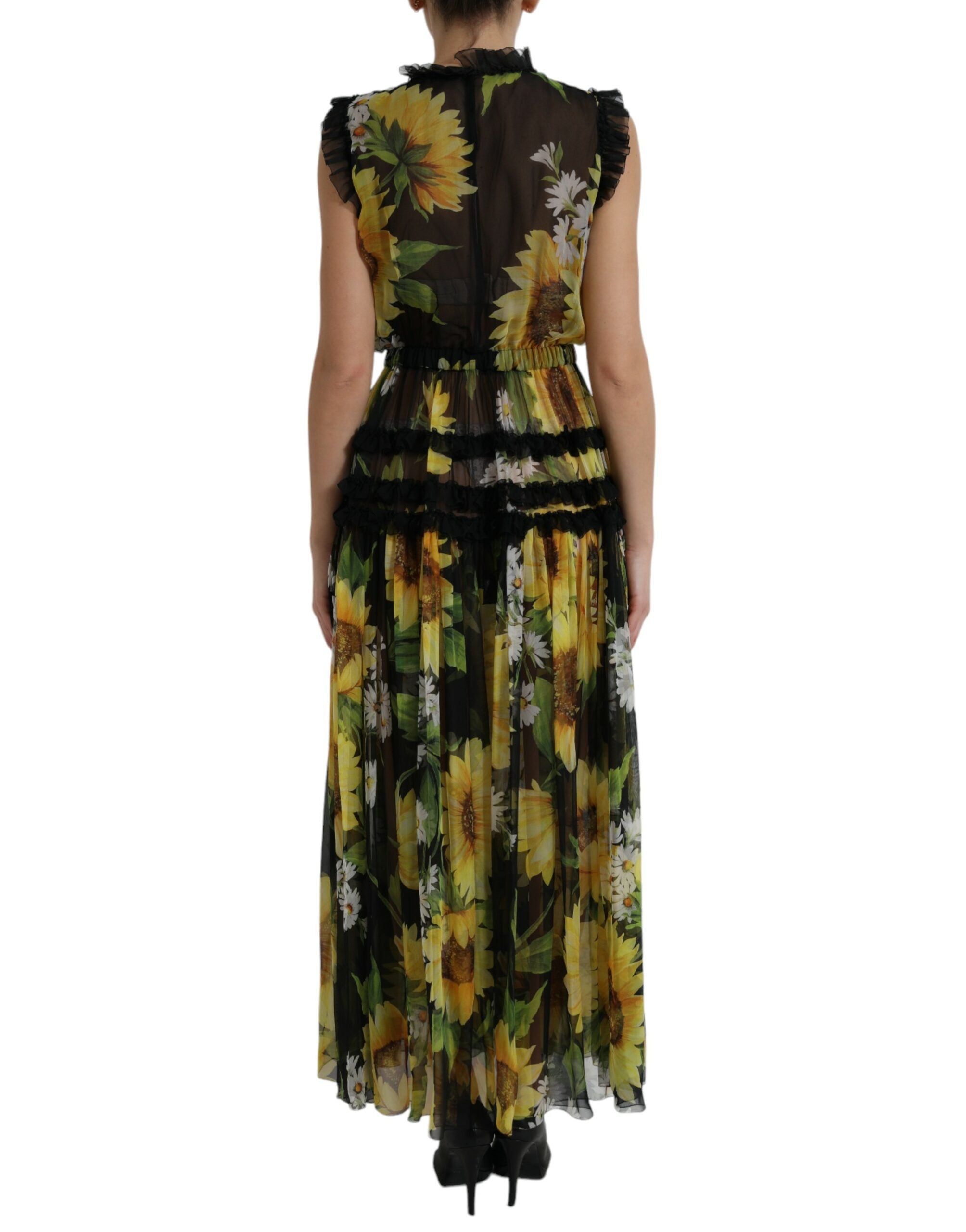 Dolce & Gabbana Black Sunflower A-line Pleated Maxi Women's Dress