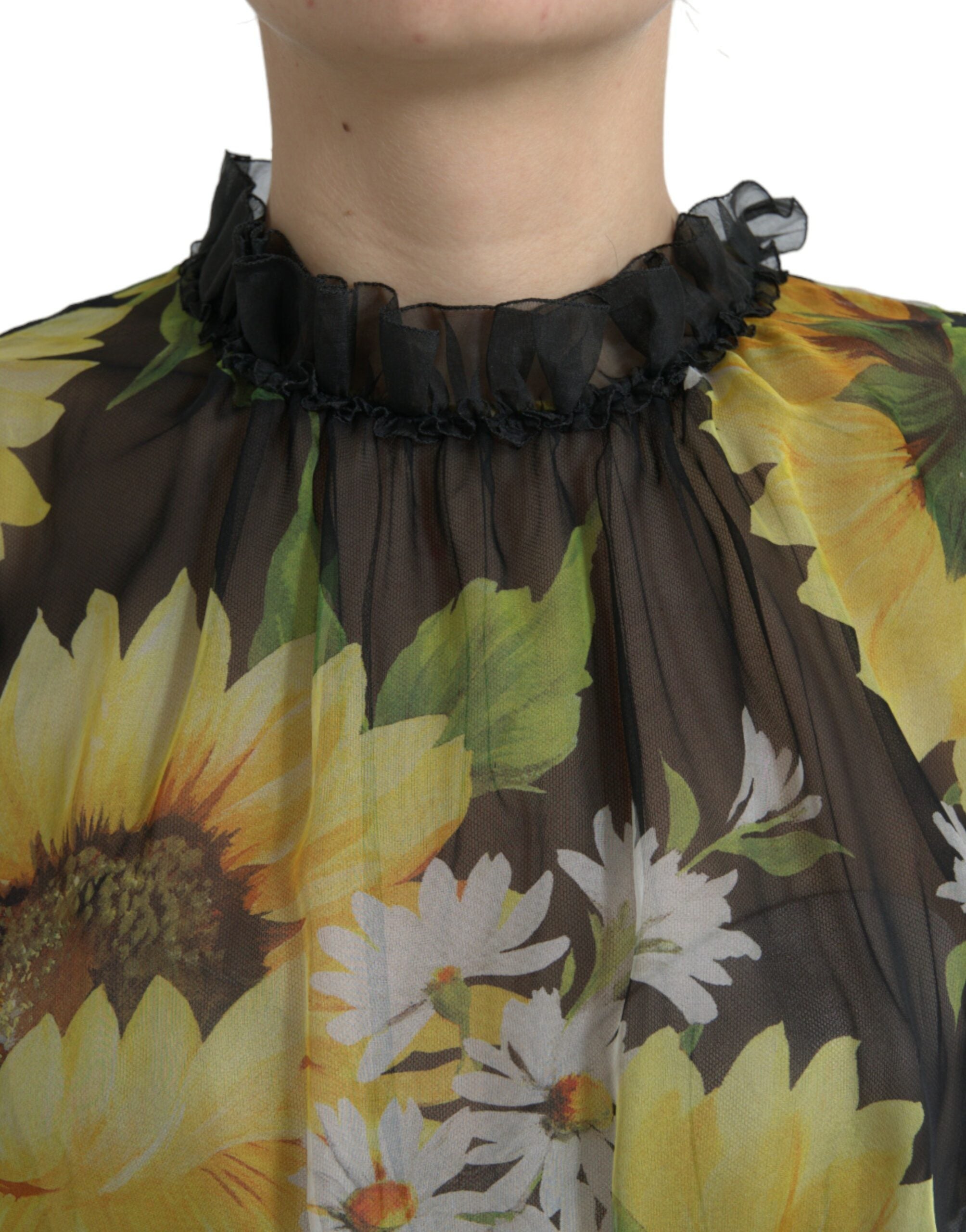 Dolce & Gabbana Black Sunflower A-line Pleated Maxi Women's Dress