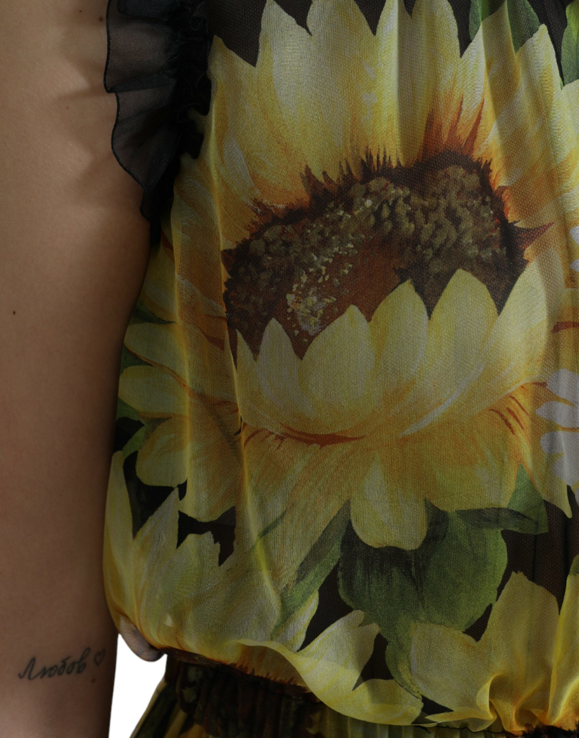 Dolce & Gabbana Black Sunflower A-line Pleated Maxi Women's Dress