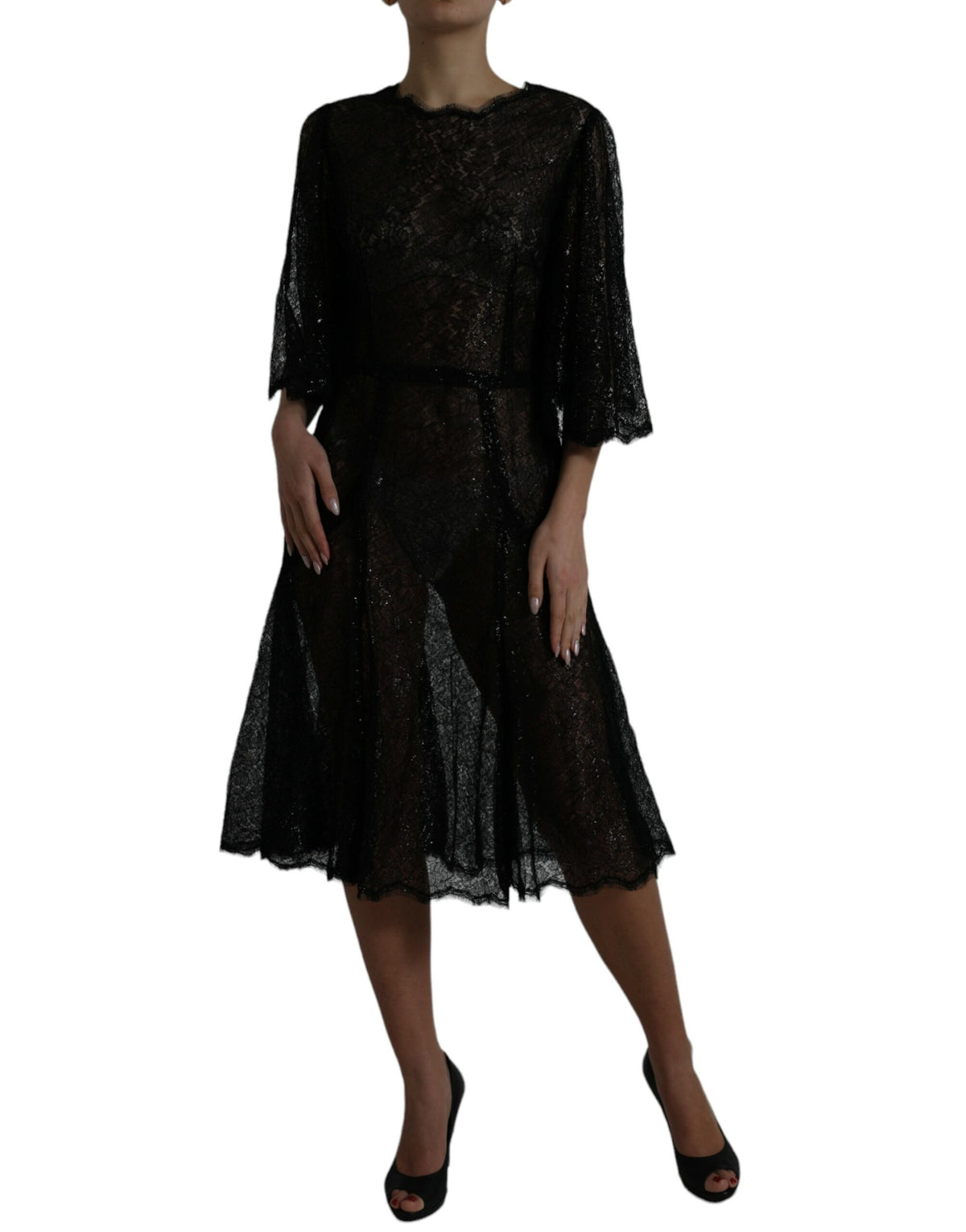 Dolce & Gabbana Black Floral Lace Sheer A-line Midi Women's Dress