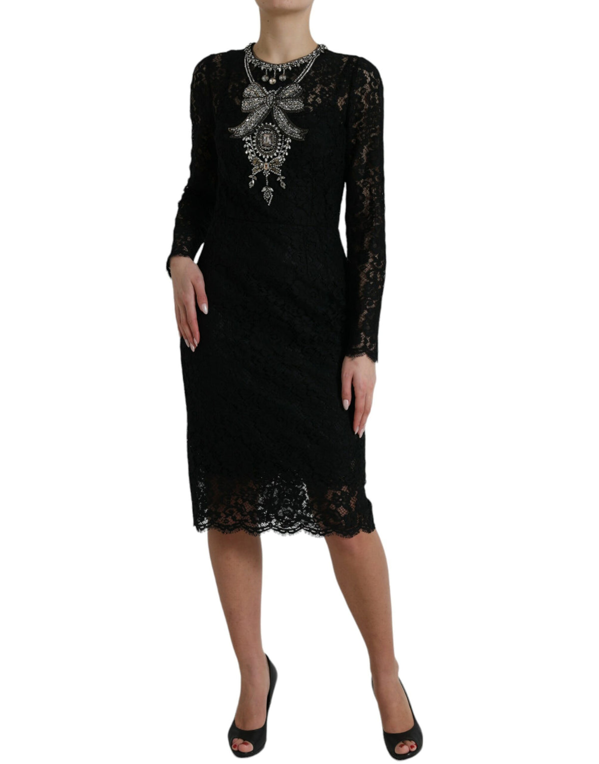 Dolce & Gabbana Black Lace Crystal Embellished Sheath Women's Dress
