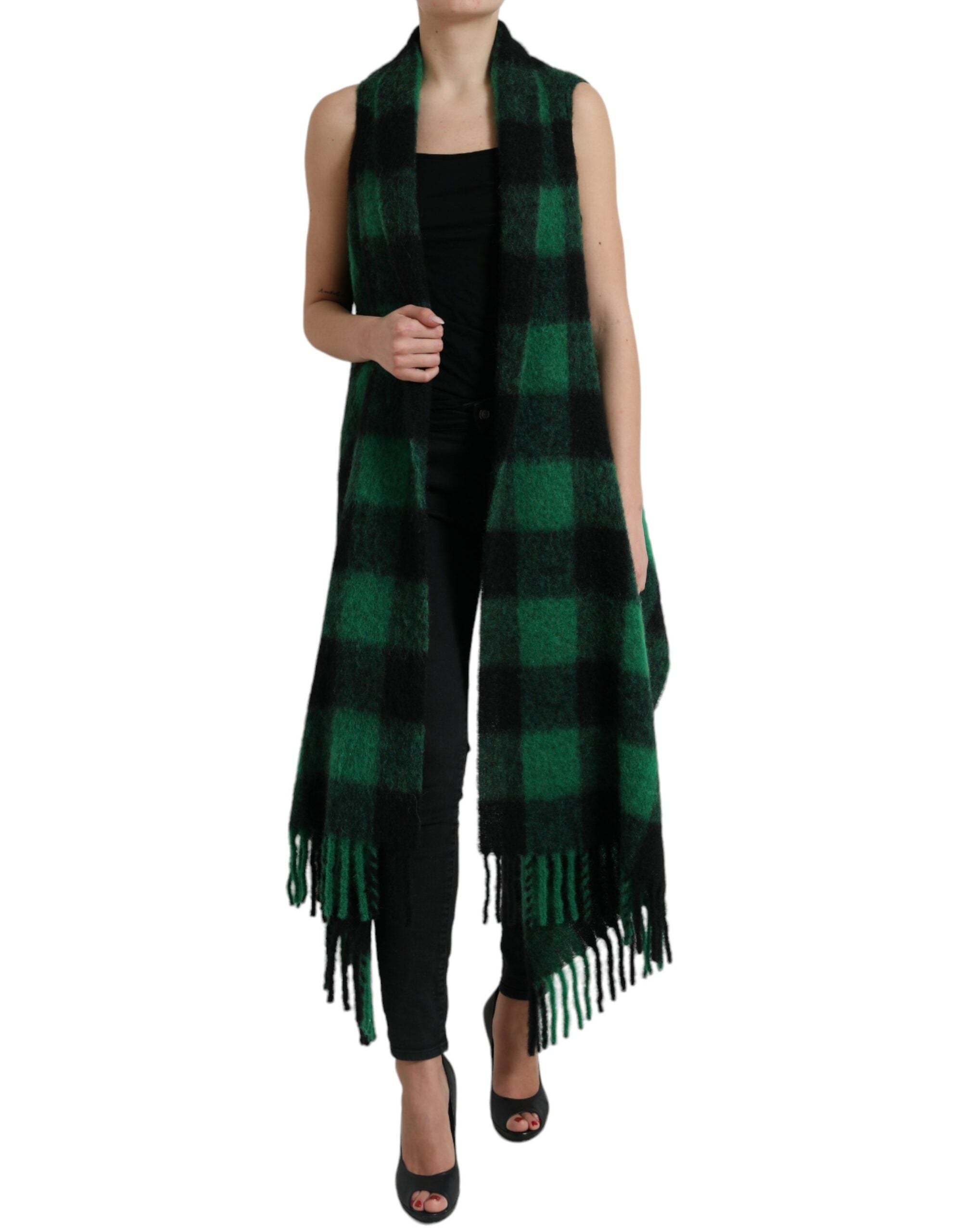 Dolce & Gabbana Black Green Buffalo Check Poncho Coat Women's Jacket